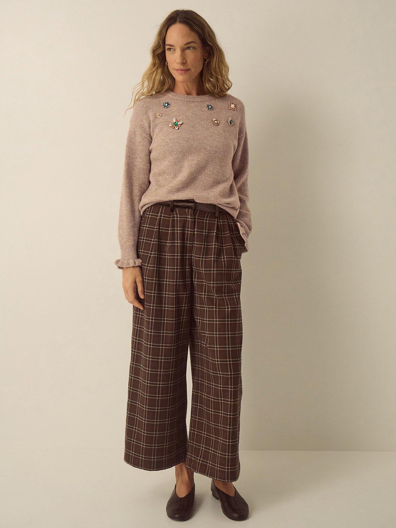 Image 4 of 4 of Monsoon Womens Britt Jewel Brooch Soft-Touch Crew Jumper - Brown