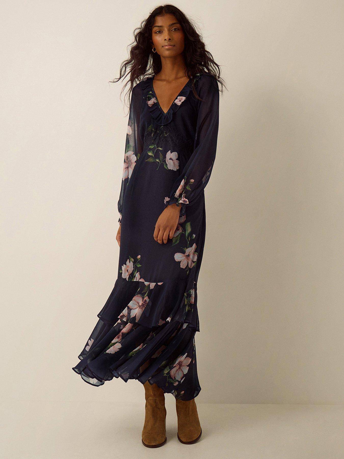 Image 1 of 4 of Monsoon Womens Rowena Lace Waist Frill Floral Dress - Blue