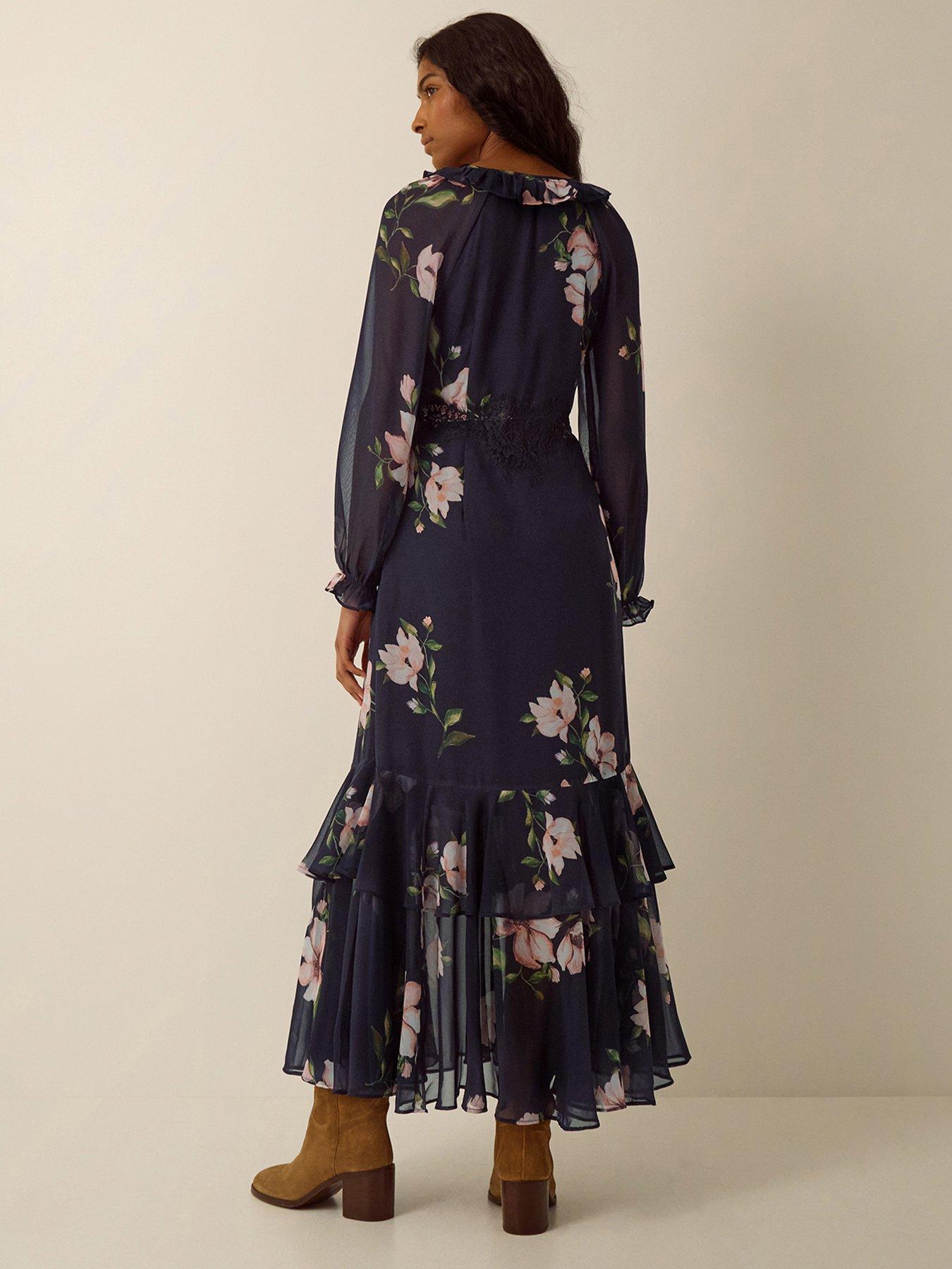 Image 2 of 4 of Monsoon Womens Rowena Lace Waist Frill Floral Dress - Blue