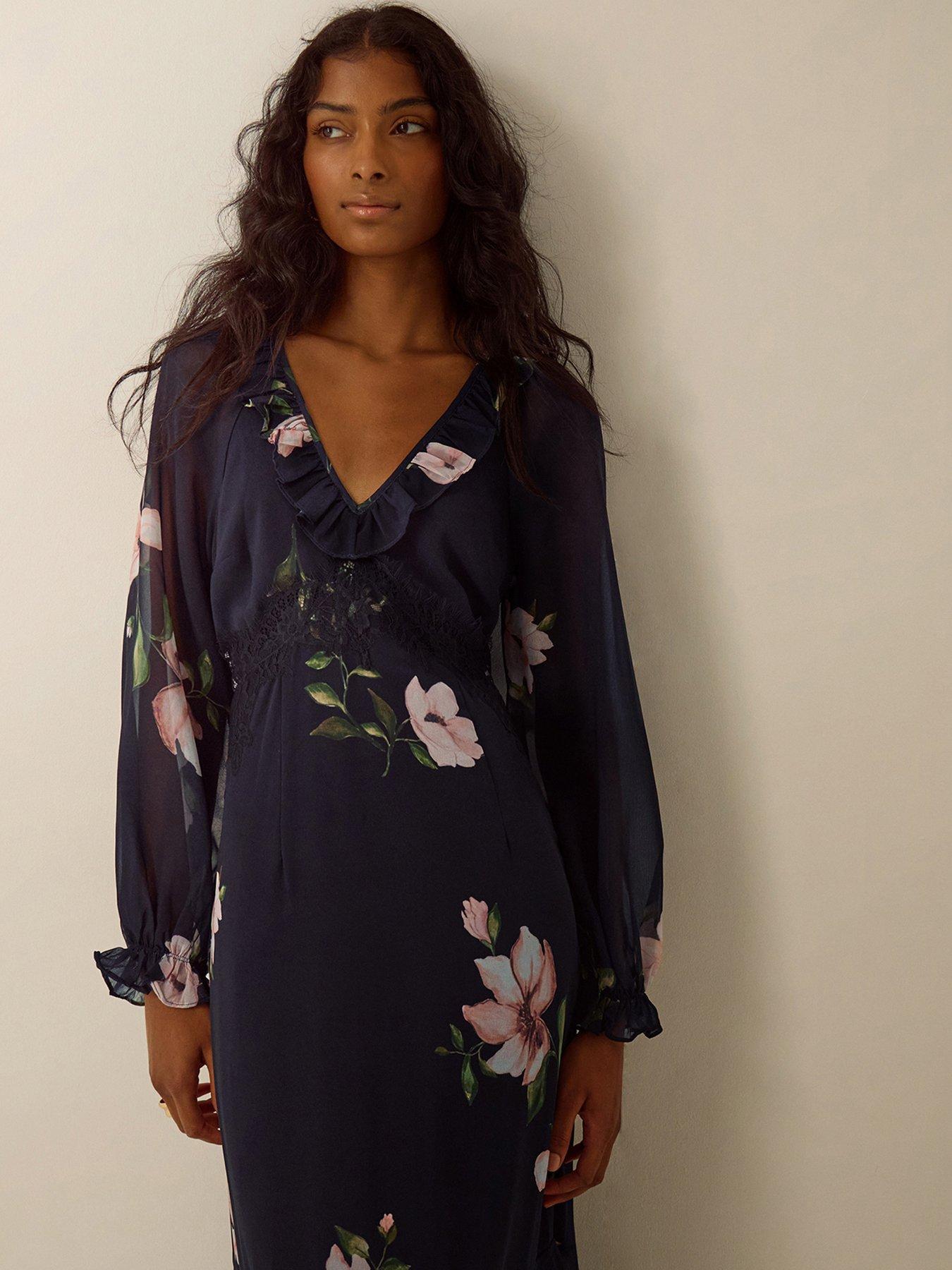 Image 3 of 4 of Monsoon Womens Rowena Lace Waist Frill Floral Dress - Blue