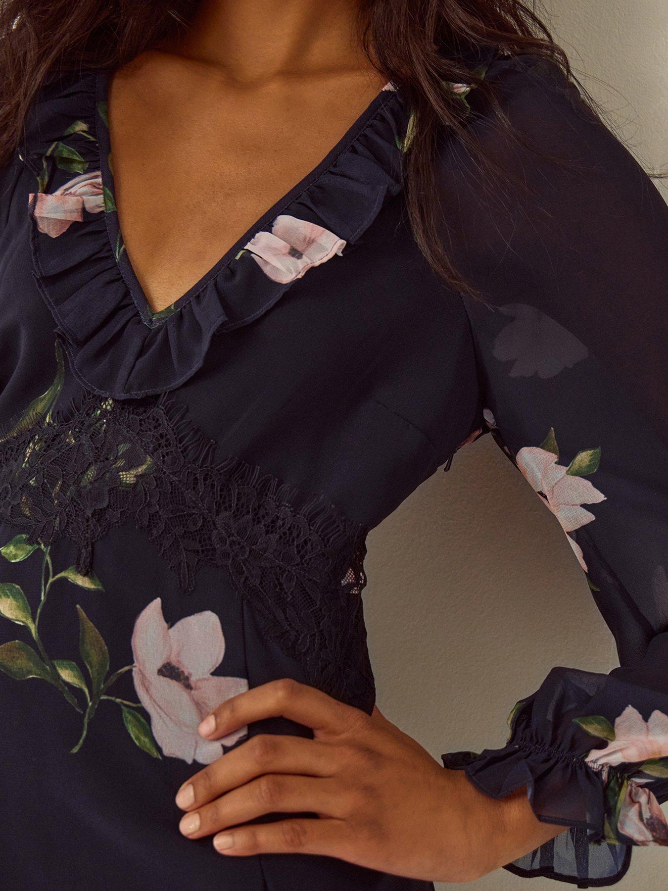 Image 4 of 4 of Monsoon Womens Rowena Lace Waist Frill Floral Dress - Blue