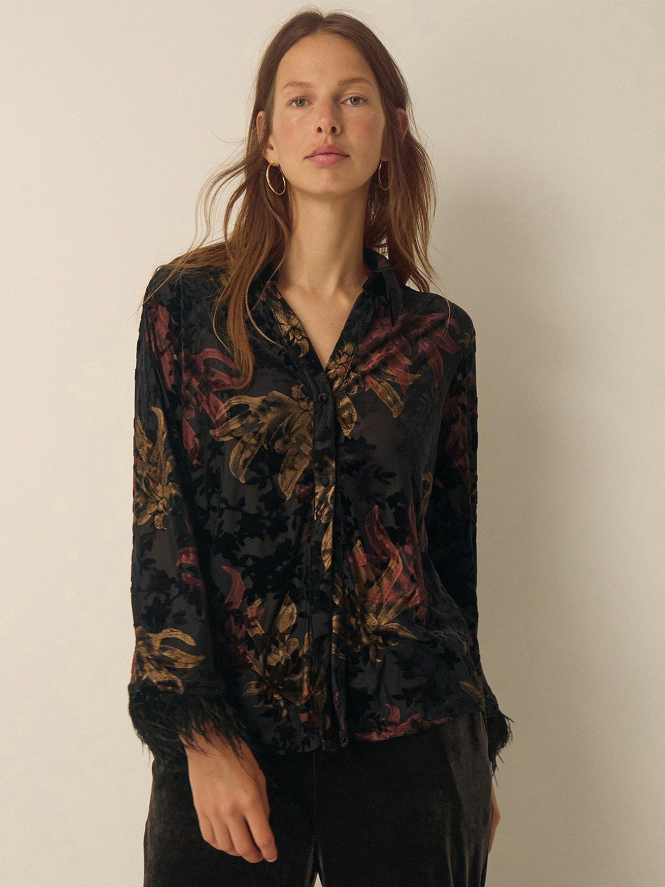 Image 1 of 5 of Monsoon Womens Dora Devore Feather Cuff Floral Shirt - Black