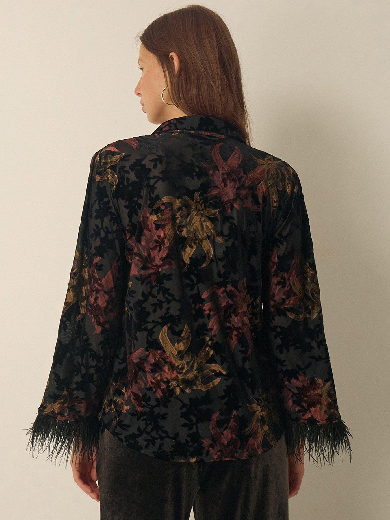 Image 3 of 5 of Monsoon Womens Dora Devore Feather Cuff Floral Shirt - Black
