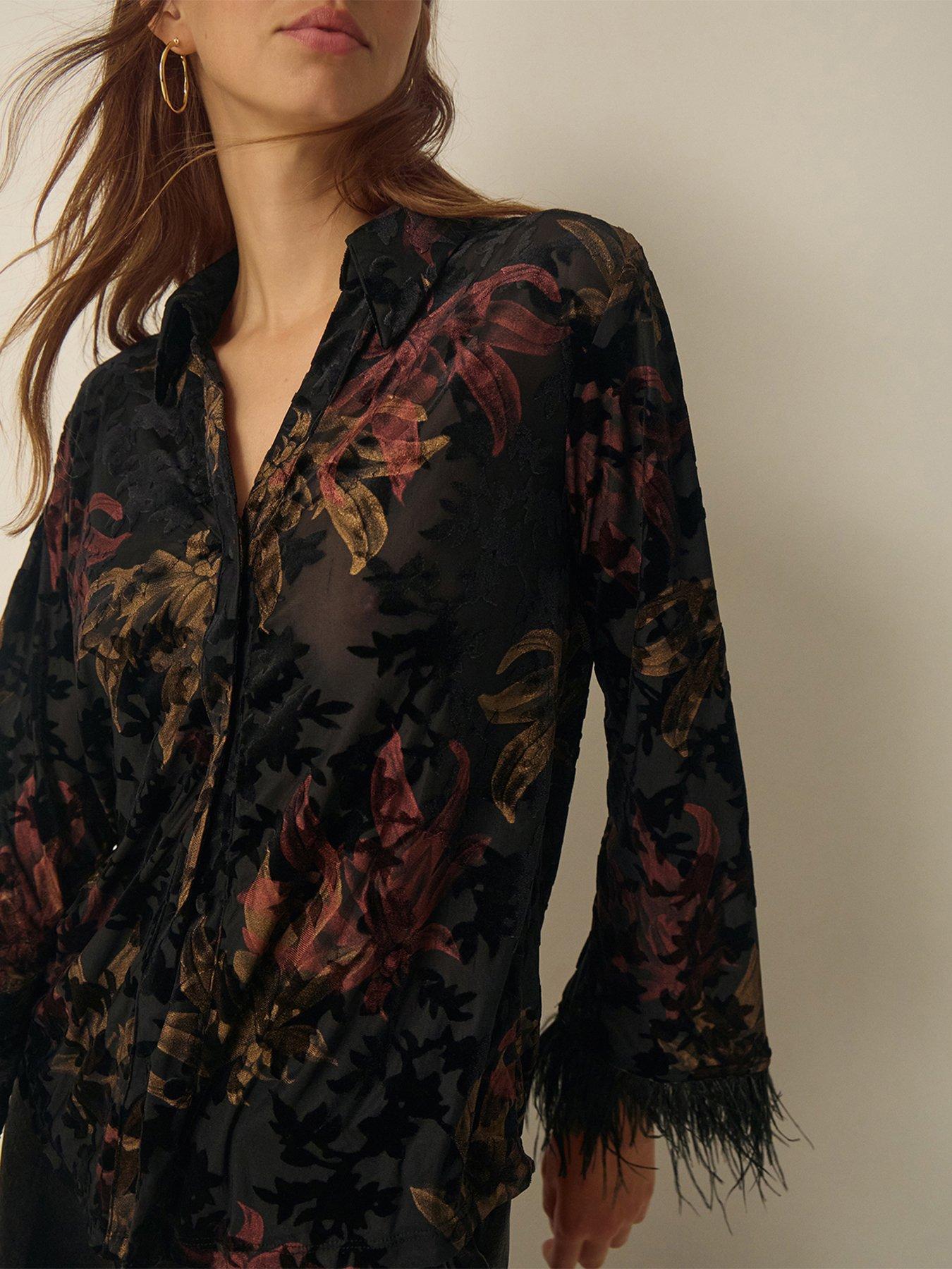 Image 4 of 5 of Monsoon Womens Dora Devore Feather Cuff Floral Shirt - Black
