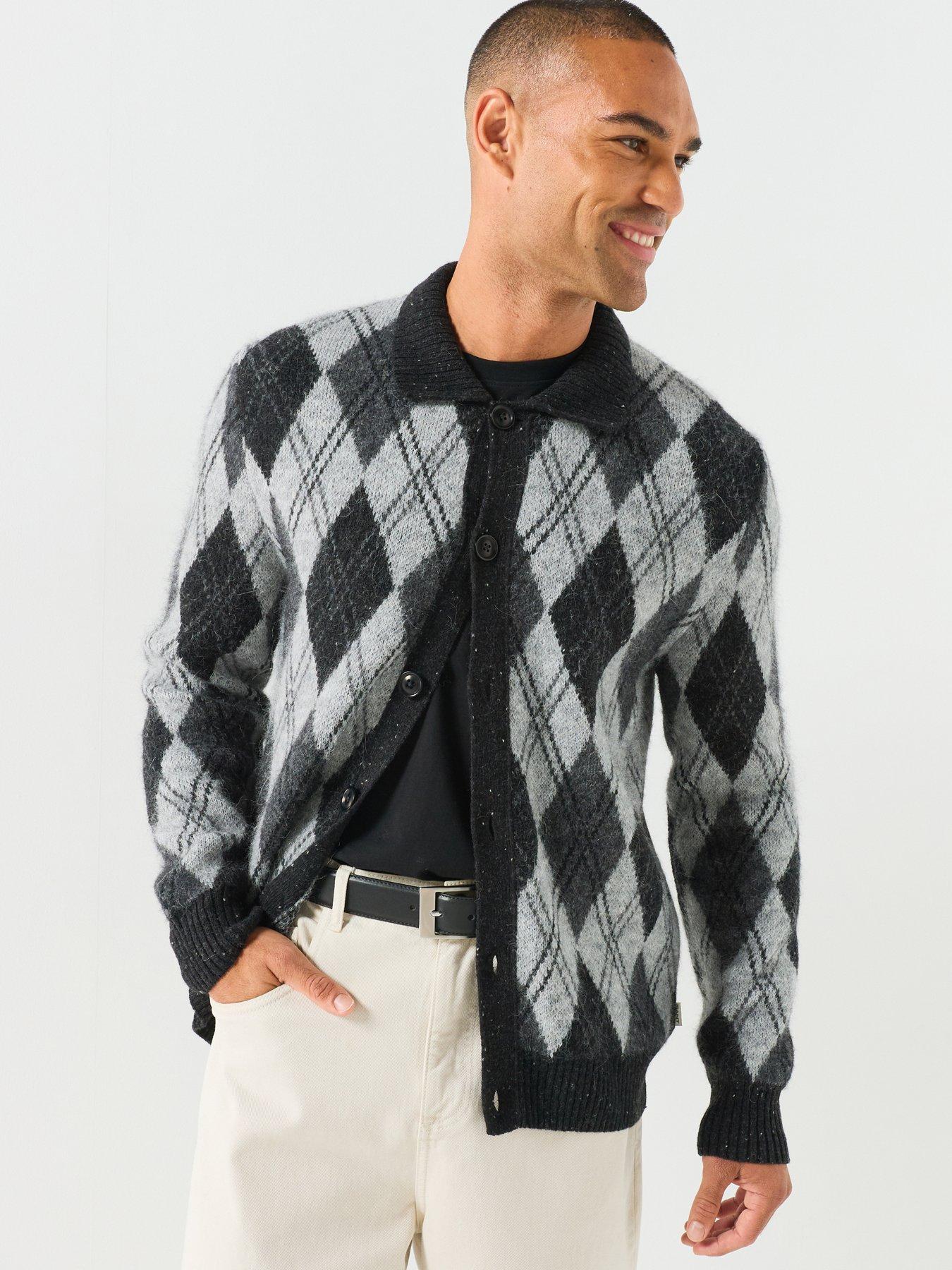 Image 1 of 6 of GANT Mens Alpaca Blend Argyle Polo Cardigan - Black