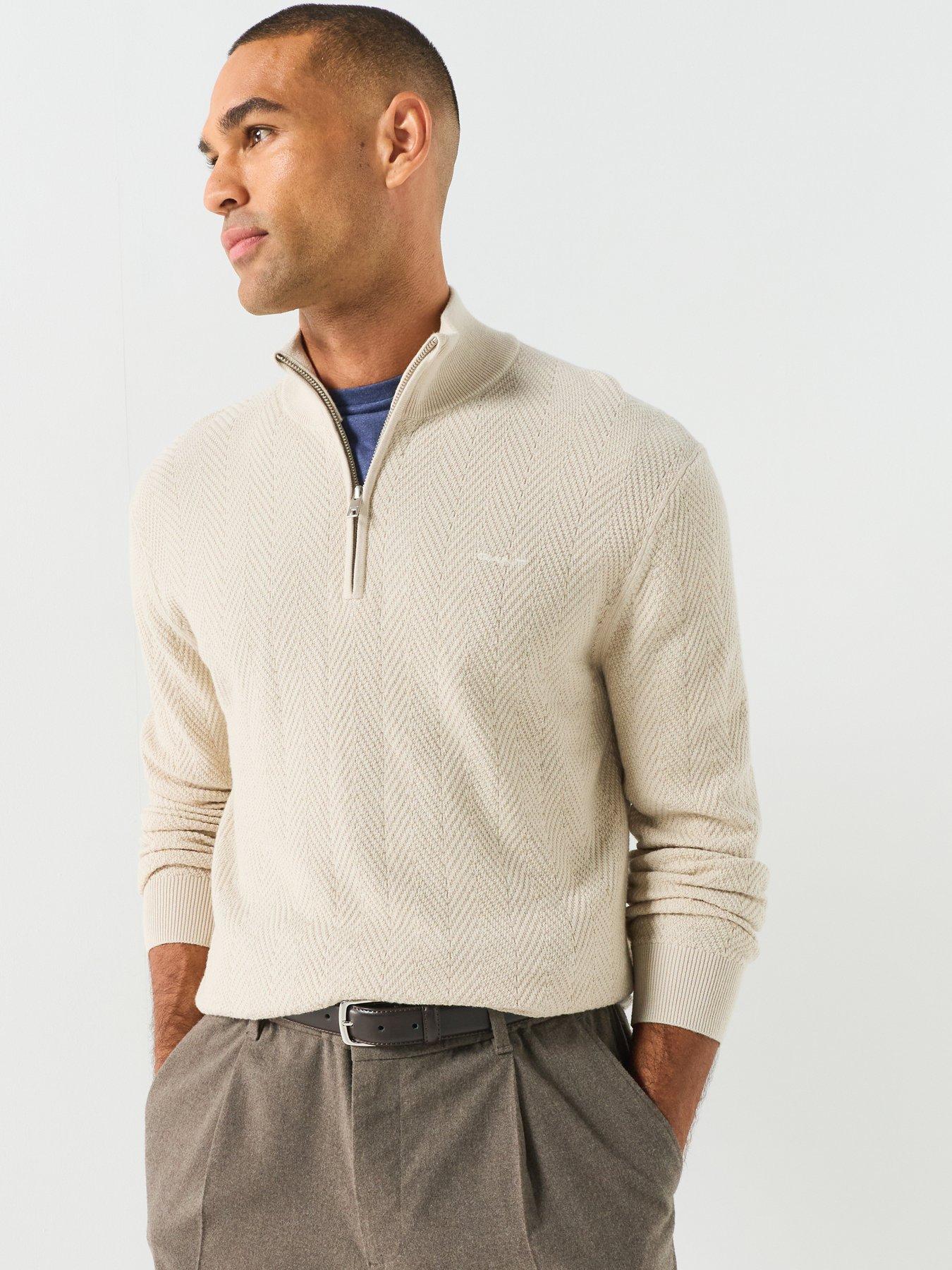 Image 5 of 5 of GANT Mens Herringbone Half Zip Knitted Jumper - Beige