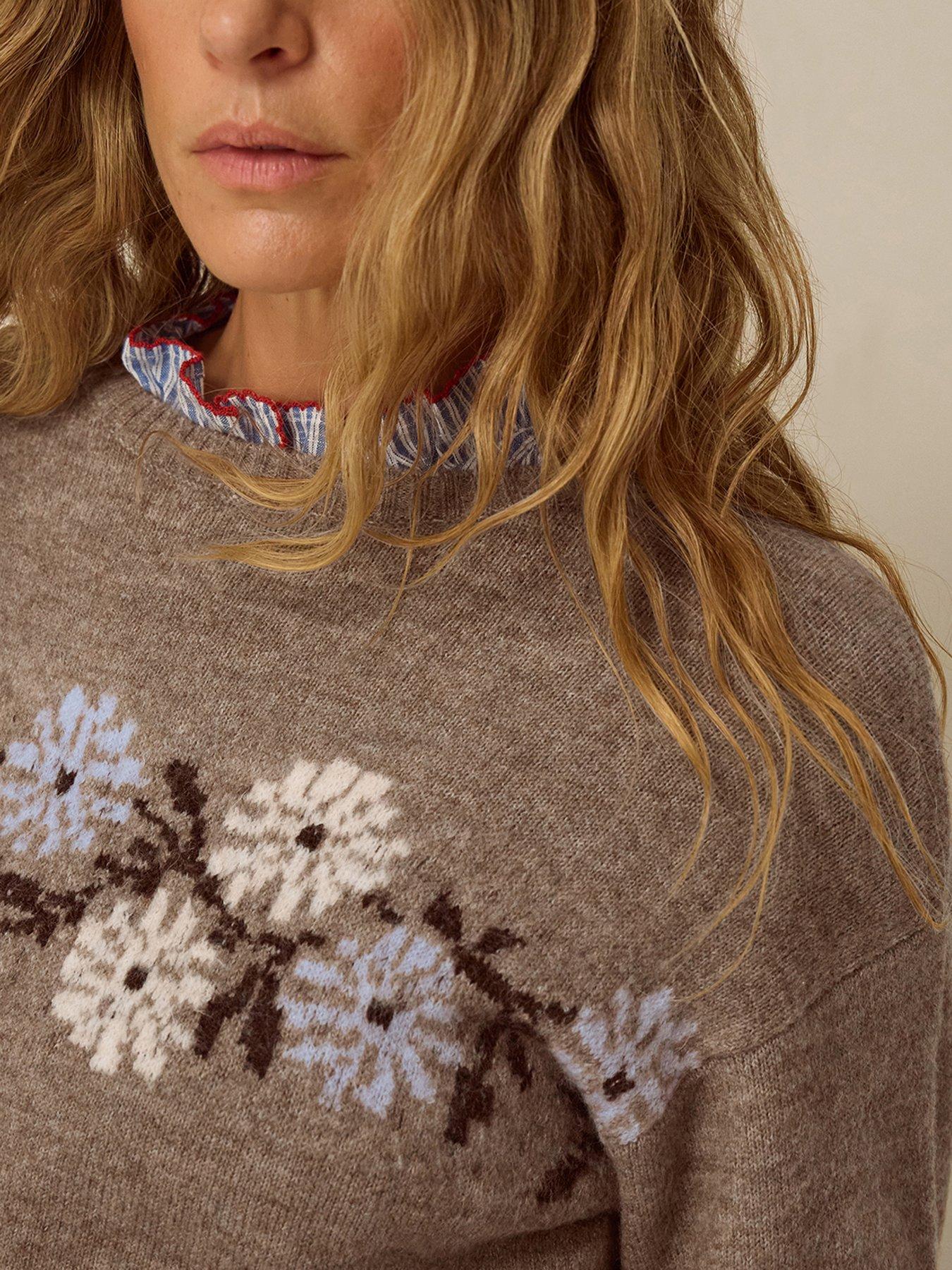 Image 4 of 5 of Monsoon Womens Floral Intarsia Crew Neck Jumper - Brown