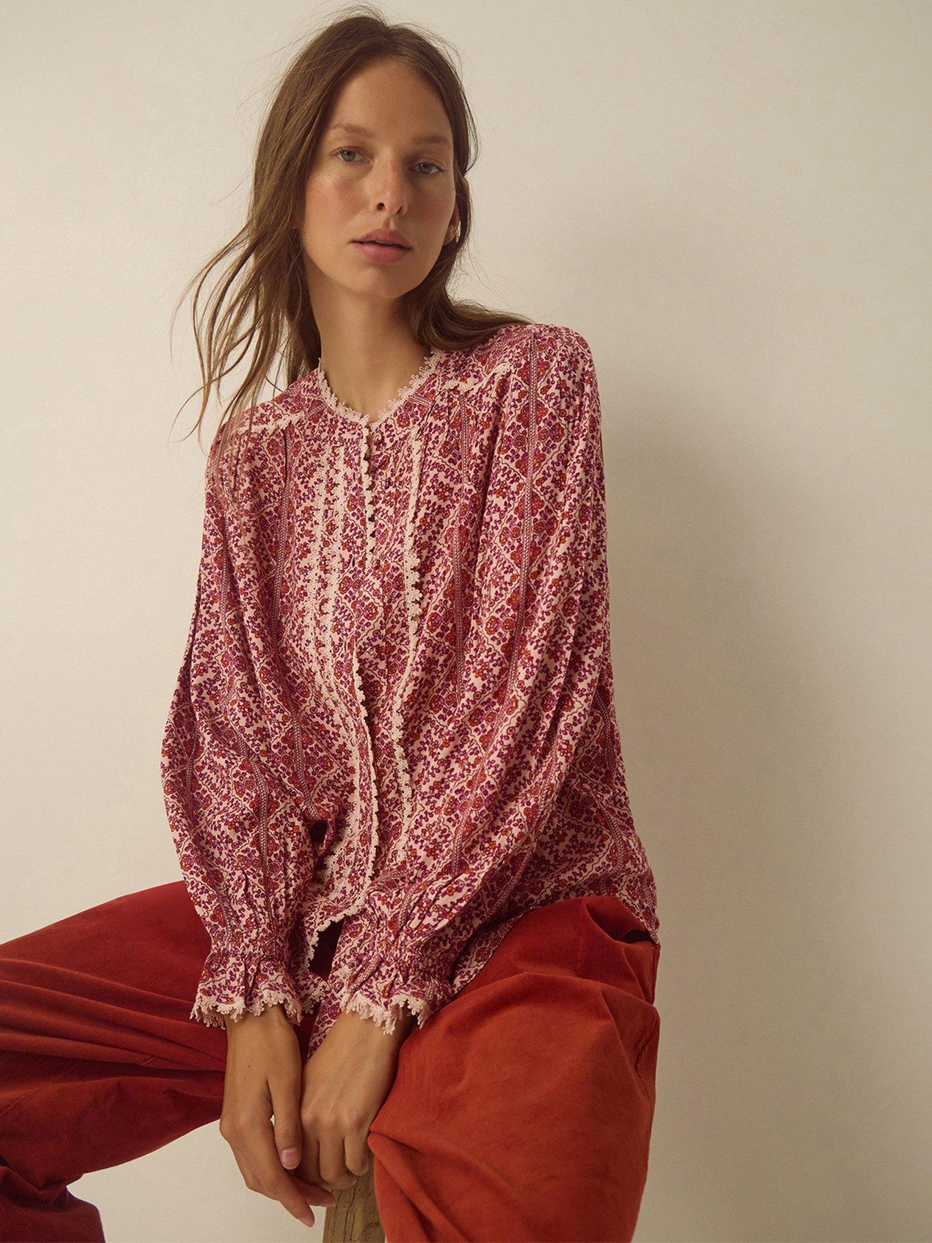 Image 1 of 4 of Monsoon Womens Katrina Print Lace Trim Blouse - Pink