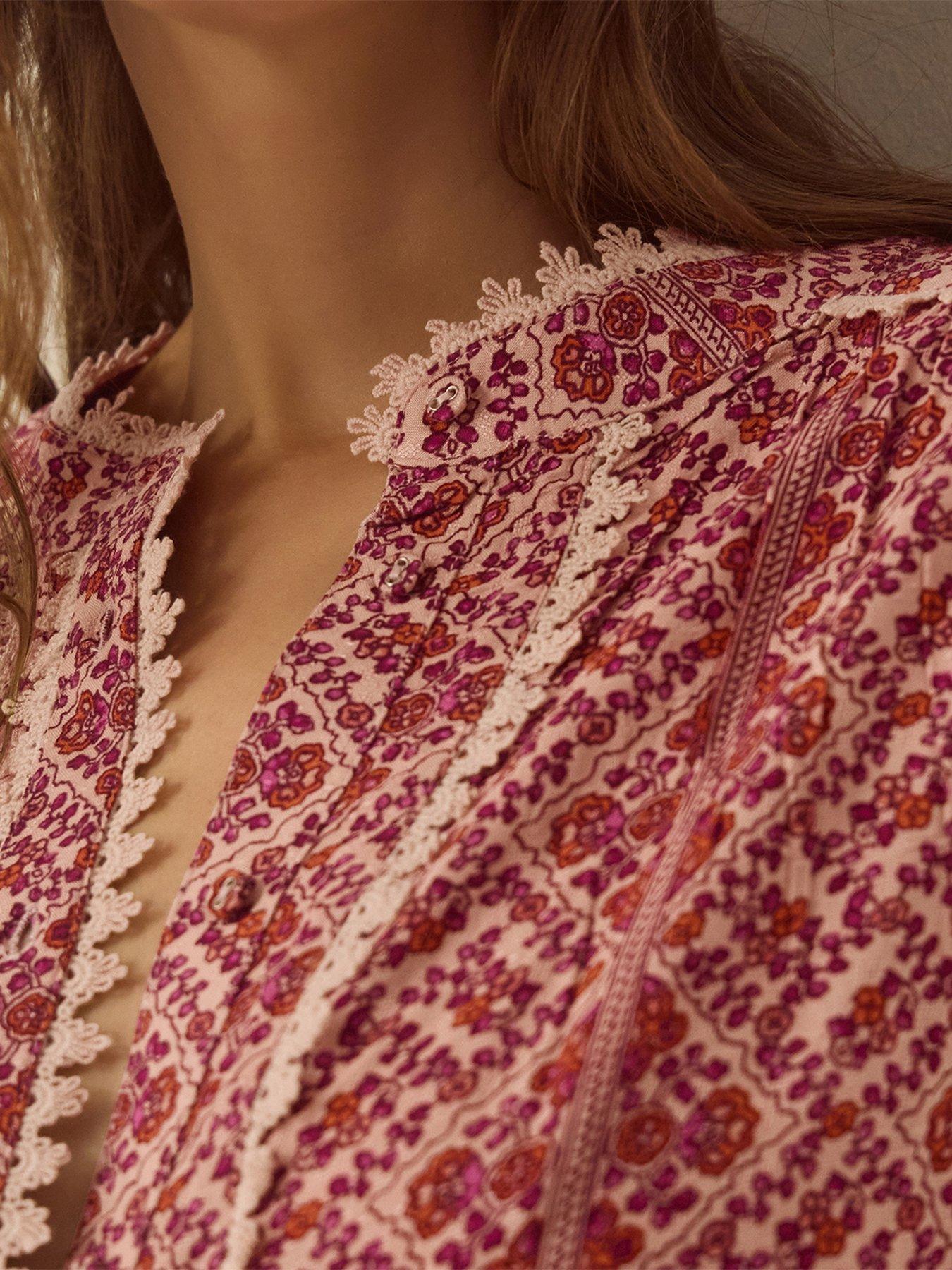 Image 2 of 4 of Monsoon Womens Katrina Print Lace Trim Blouse - Pink