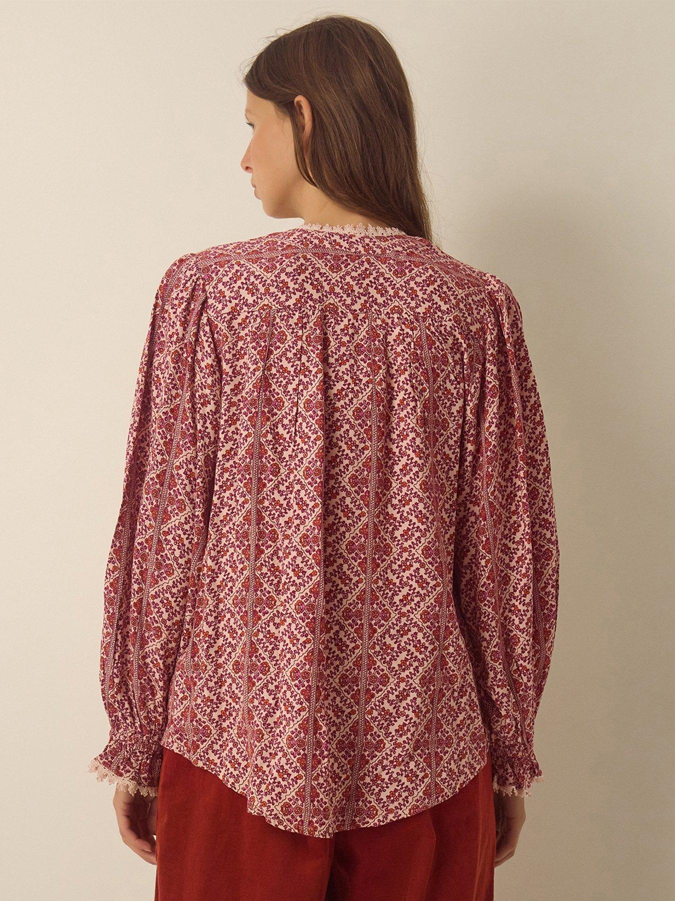 Image 3 of 4 of Monsoon Womens Katrina Print Lace Trim Blouse - Pink