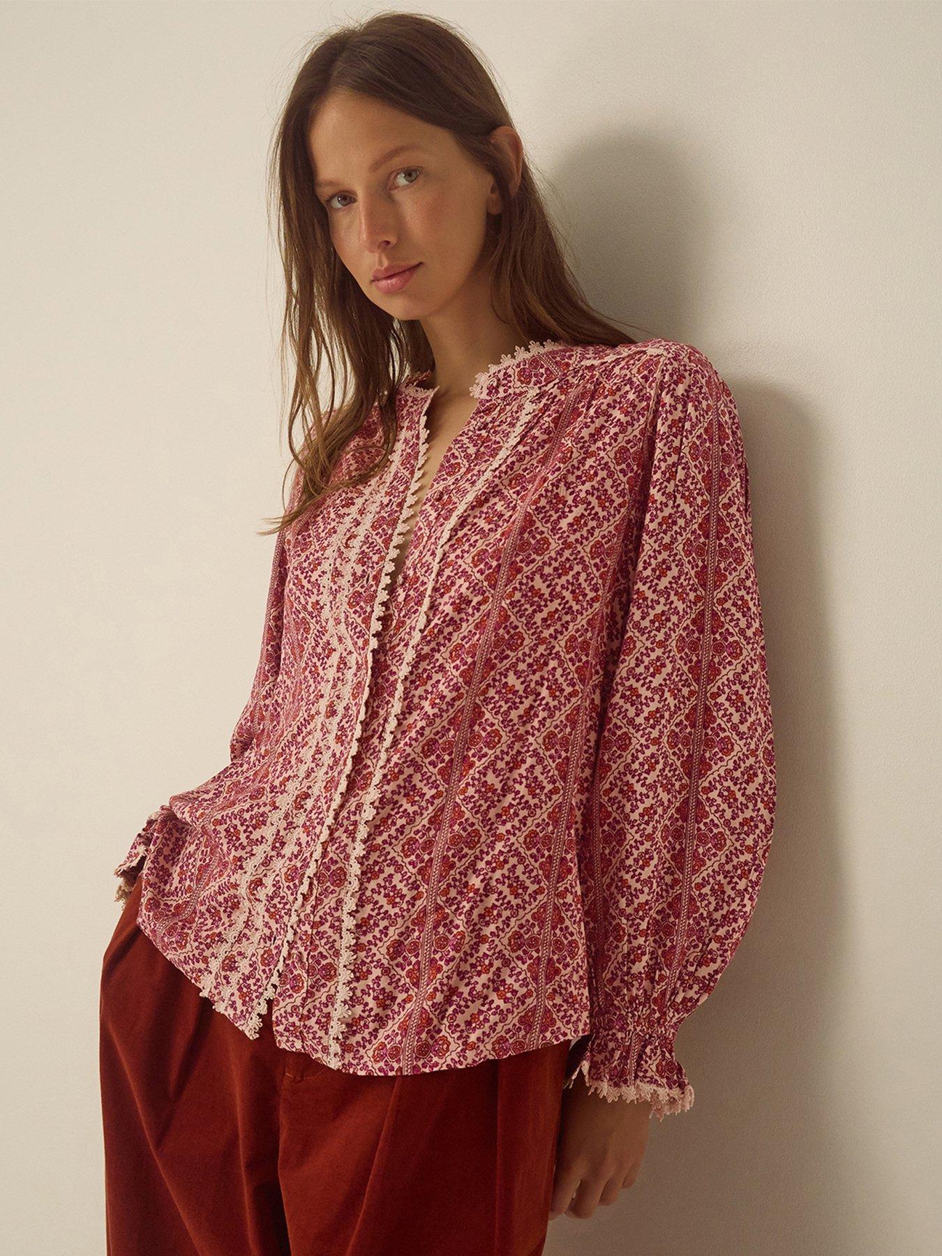 Image 4 of 4 of Monsoon Womens Katrina Print Lace Trim Blouse - Pink