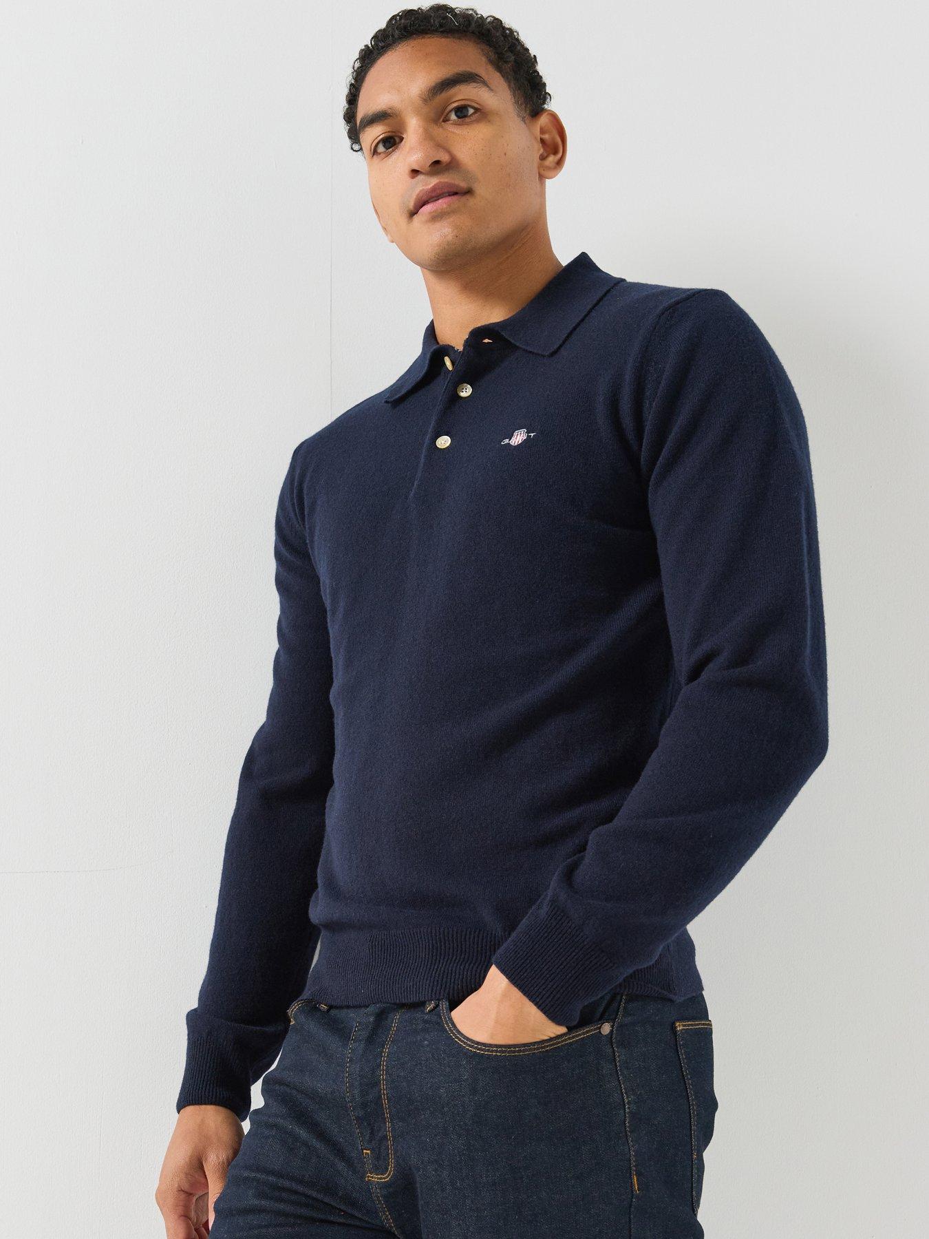Image 1 of 6 of GANT Mens Superfine Lambswool Long Sleeve Knitted Polo Shirt - Blue