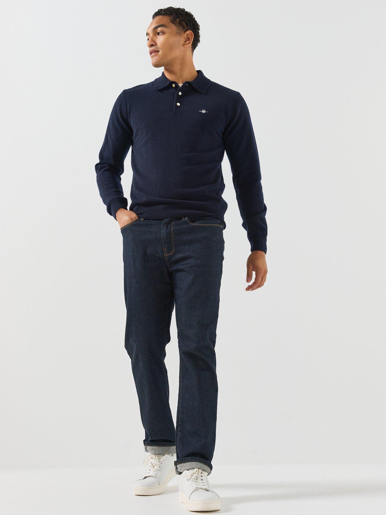 Image 3 of 6 of GANT Mens Superfine Lambswool Long Sleeve Knitted Polo Shirt - Blue