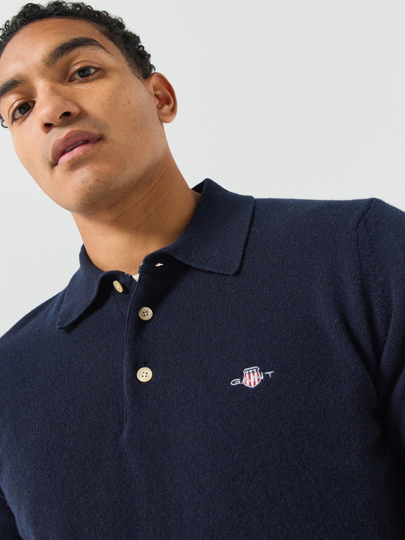 Image 4 of 6 of GANT Mens Superfine Lambswool Long Sleeve Knitted Polo Shirt - Blue
