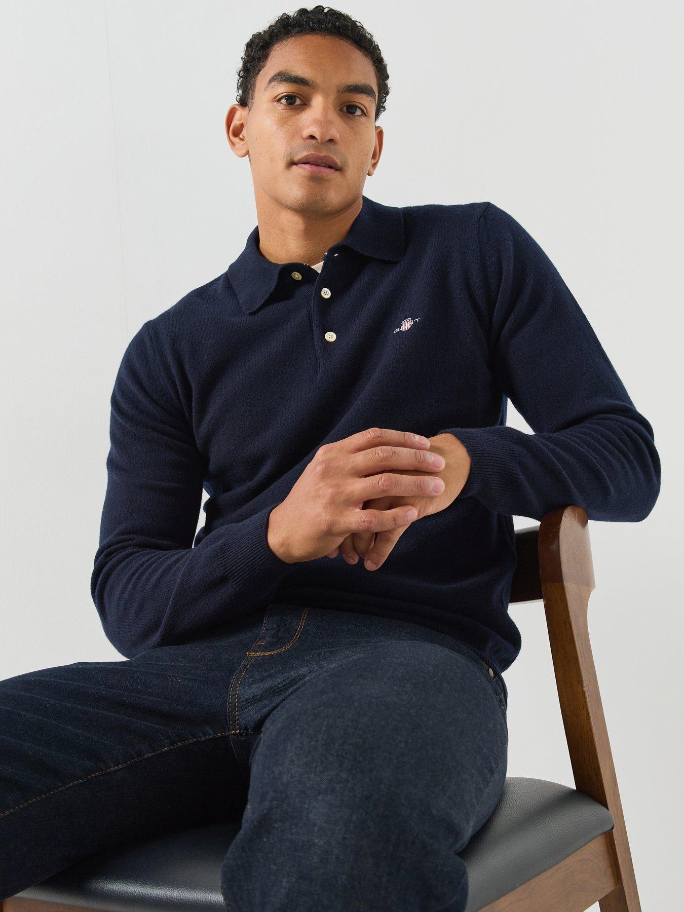 Image 5 of 6 of GANT Mens Superfine Lambswool Long Sleeve Knitted Polo Shirt - Blue