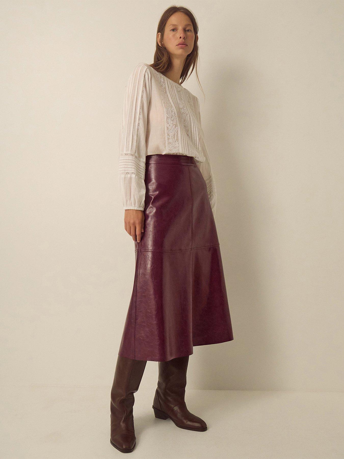 Image 1 of 4 of Monsoon Womens Pippa Glossy Faux Leather A-Line Midi Skirt - Red