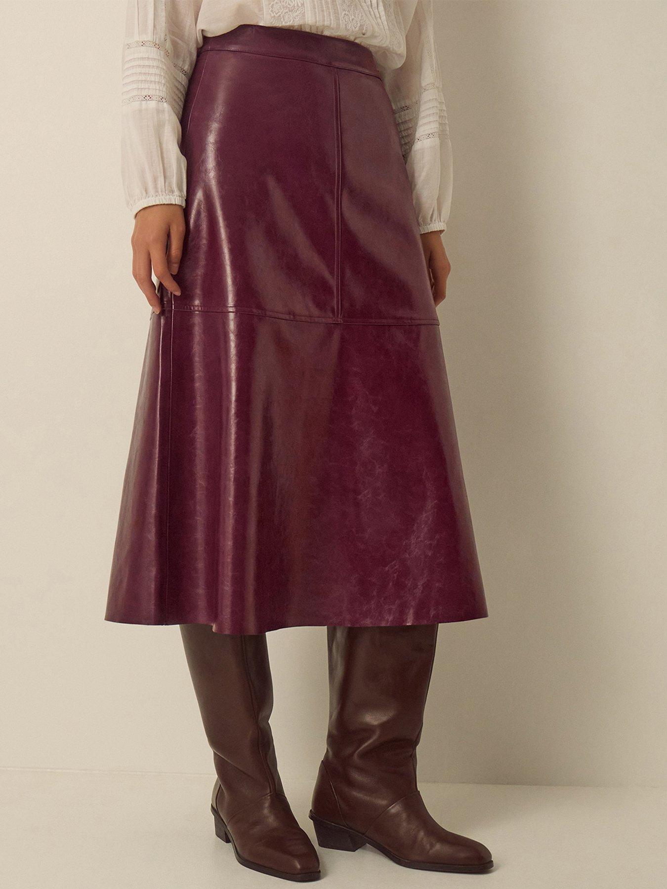 Image 4 of 4 of Monsoon Womens Pippa Glossy Faux Leather A-Line Midi Skirt - Red