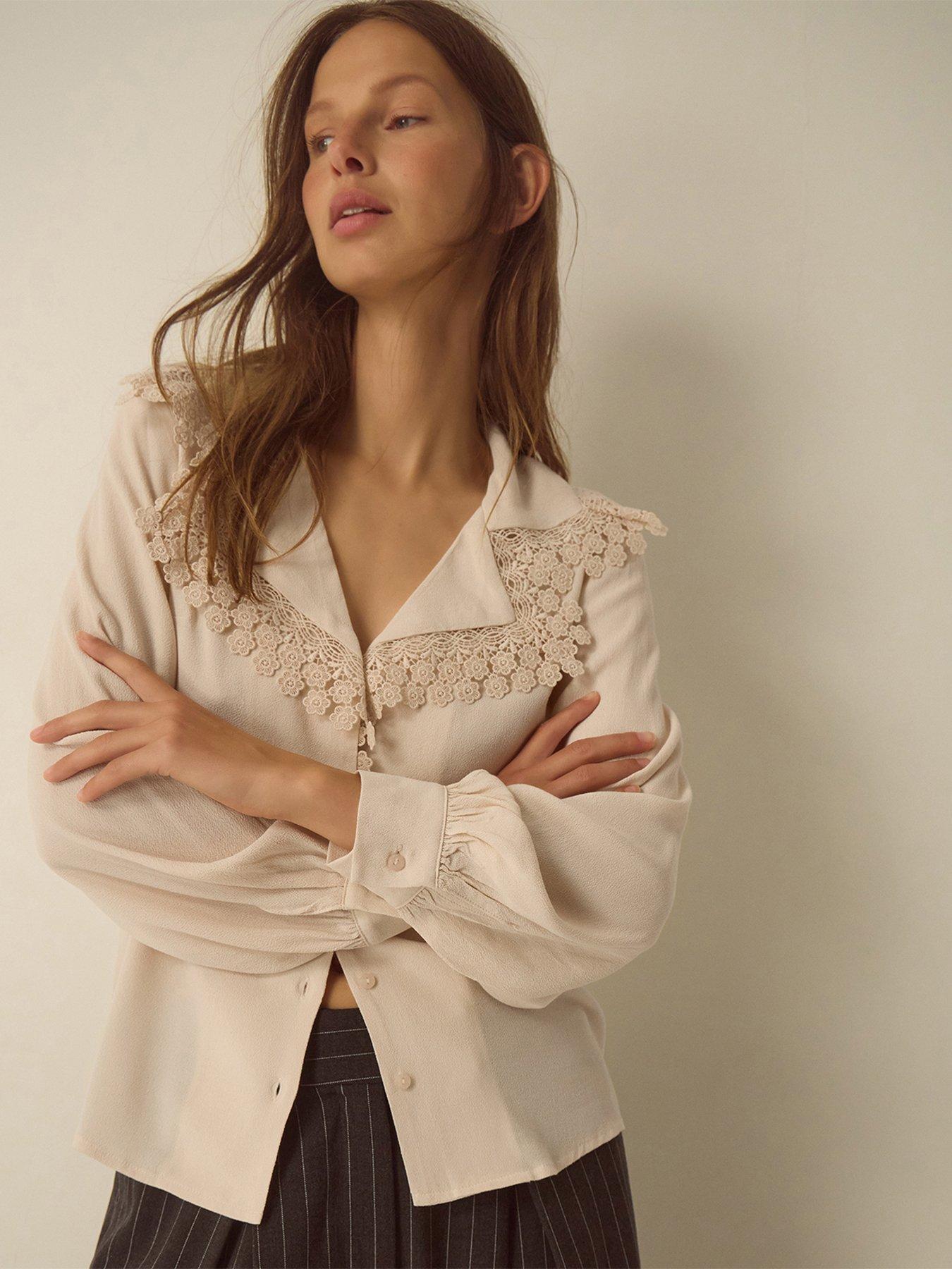 Image 1 of 4 of Monsoon Womens Ava Lace Collar V-Neck &nbsp;Blouse - Cream