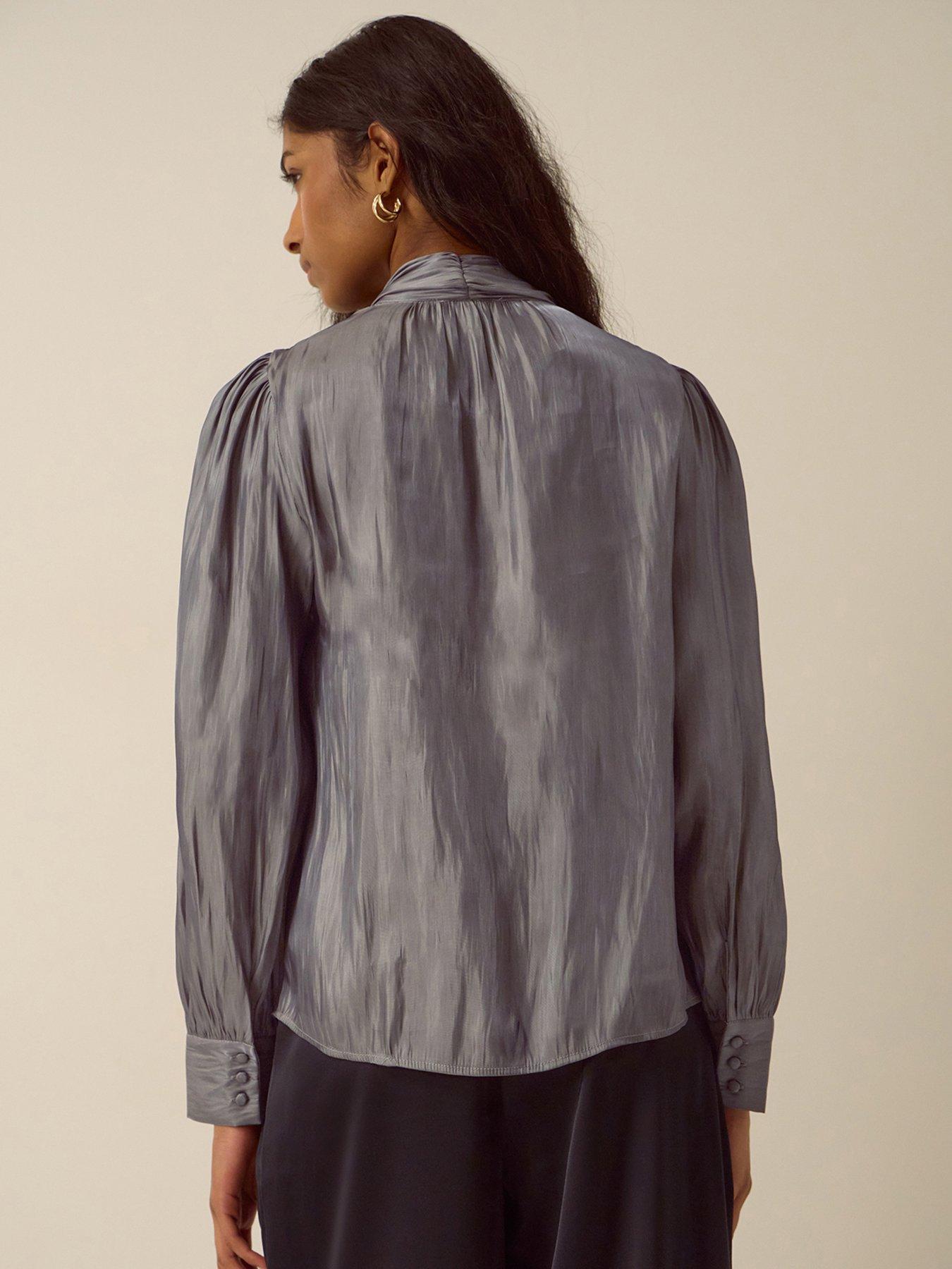 Image 2 of 4 of Monsoon Womens Metallic Tie-Neck Blouson Sleeve Blouse - Silver