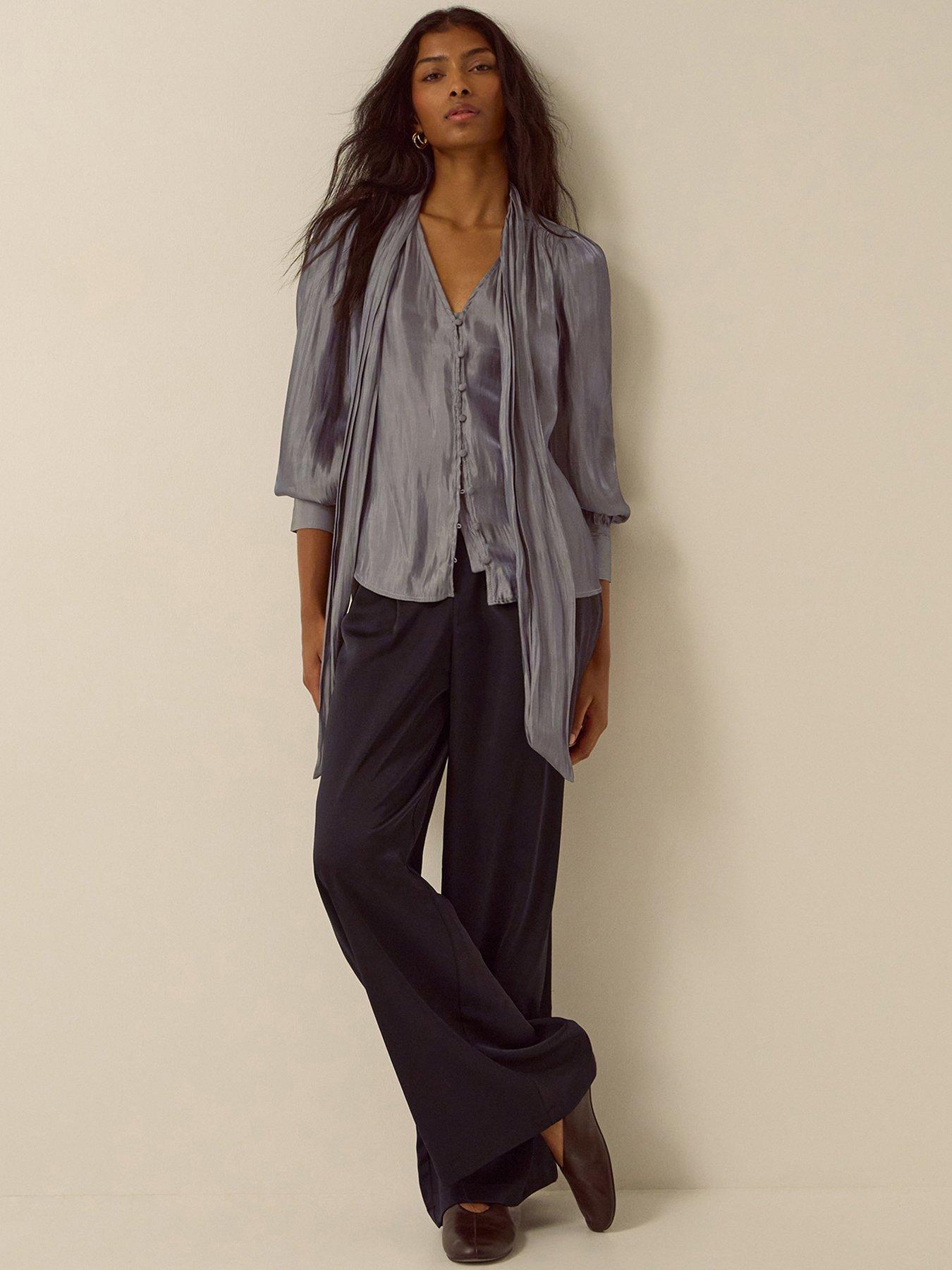Image 3 of 4 of Monsoon Womens Metallic Tie-Neck Blouson Sleeve Blouse - Silver