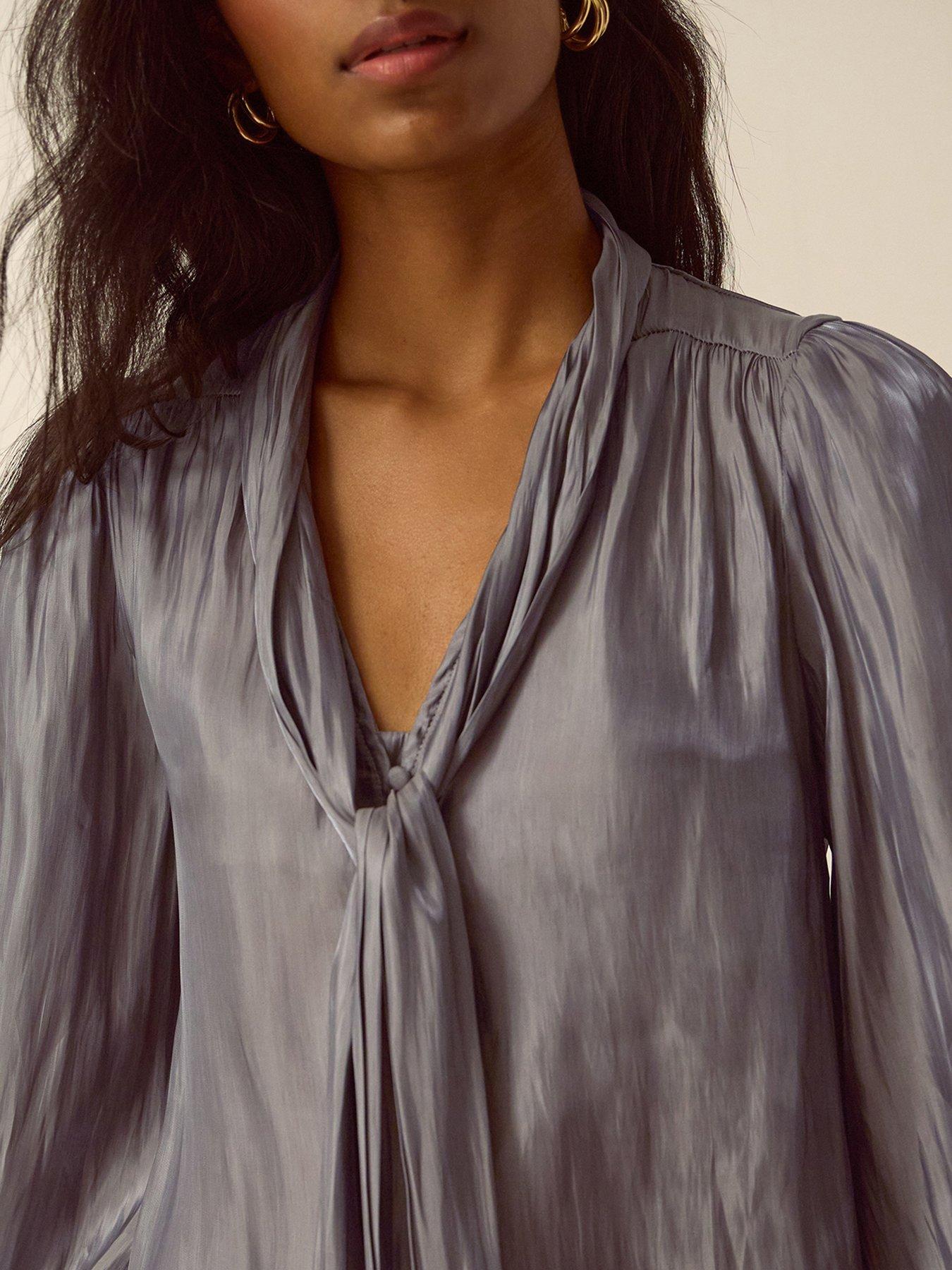 Image 4 of 4 of Monsoon Womens Metallic Tie-Neck Blouson Sleeve Blouse - Silver