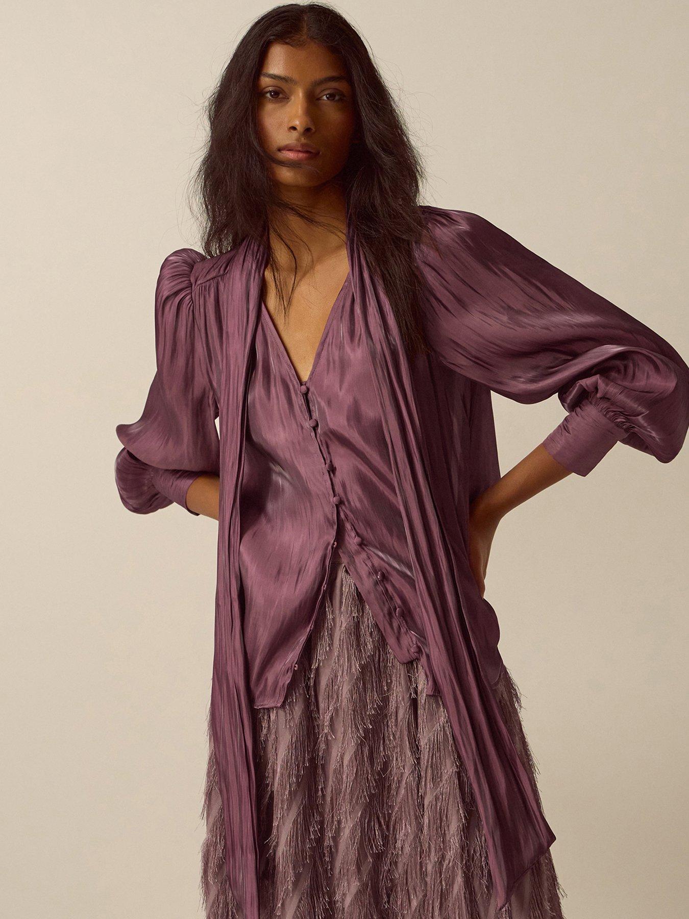 Image 1 of 5 of Monsoon Womens Metallic Tie Neck Button Through Blouse - Pink