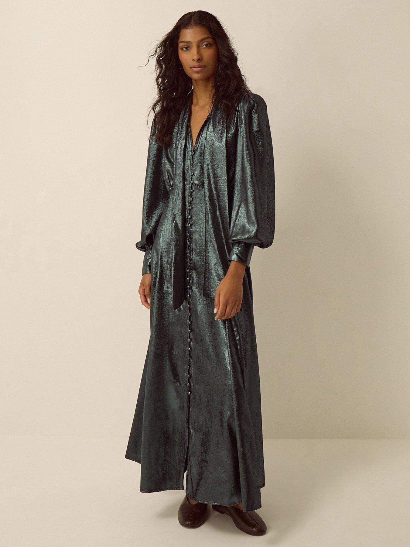 Image 1 of 6 of Monsoon Womens Madelyn Tie-Neck Metallic Midi Dress - Green