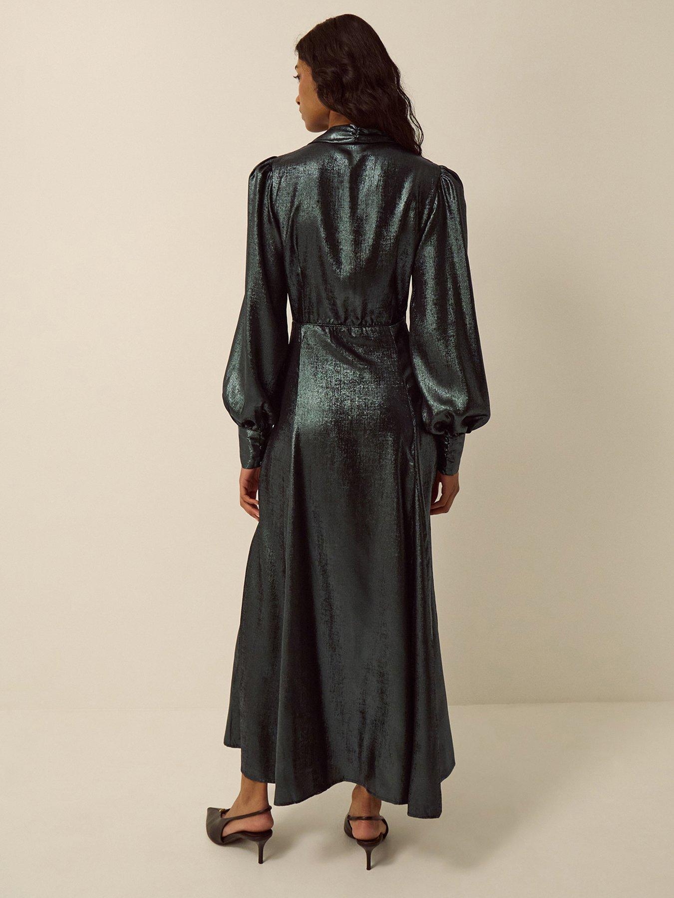 Image 2 of 6 of Monsoon Womens Madelyn Tie-Neck Metallic Midi Dress - Green