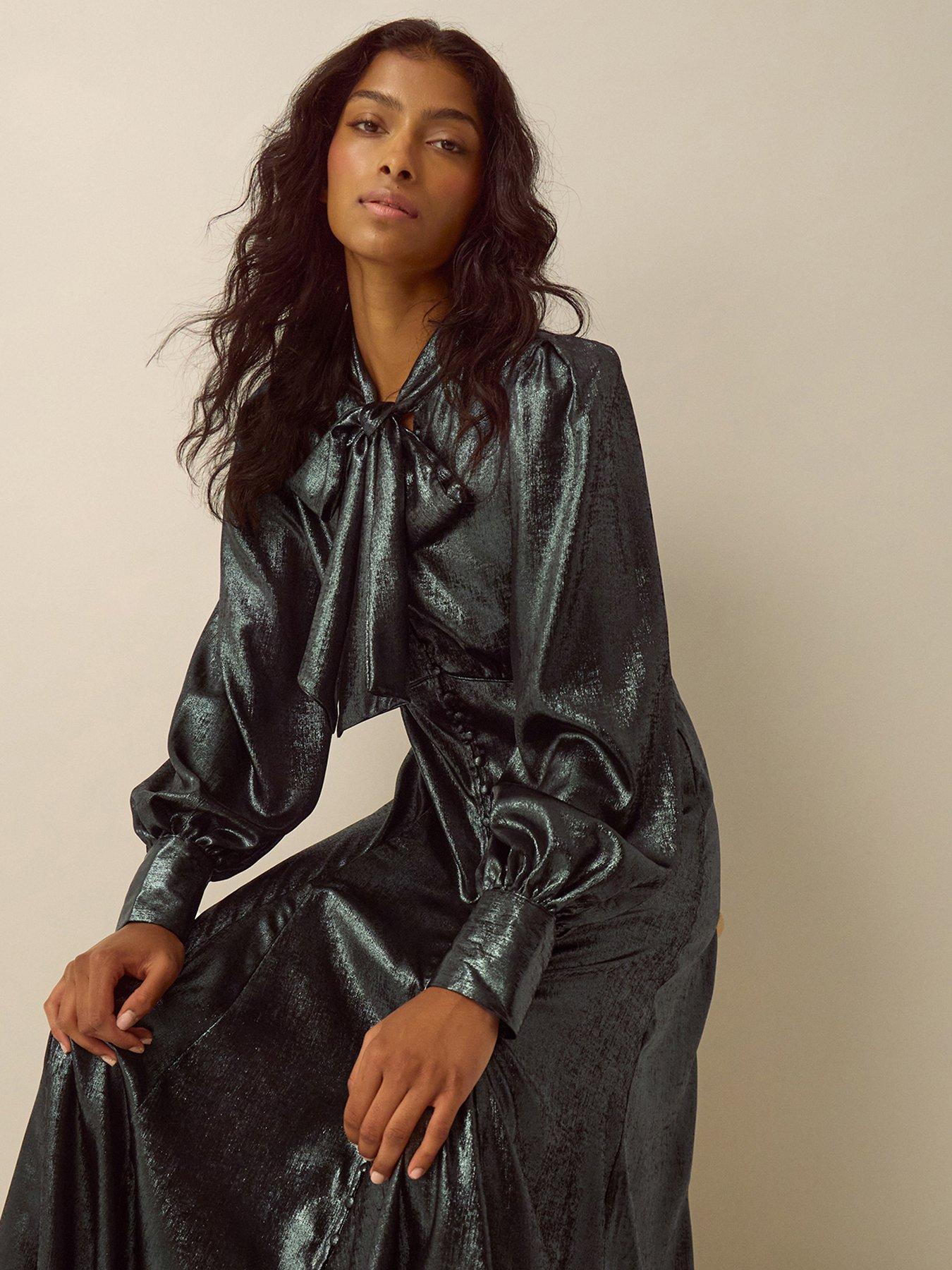 Image 3 of 6 of Monsoon Womens Madelyn Tie-Neck Metallic Midi Dress - Green