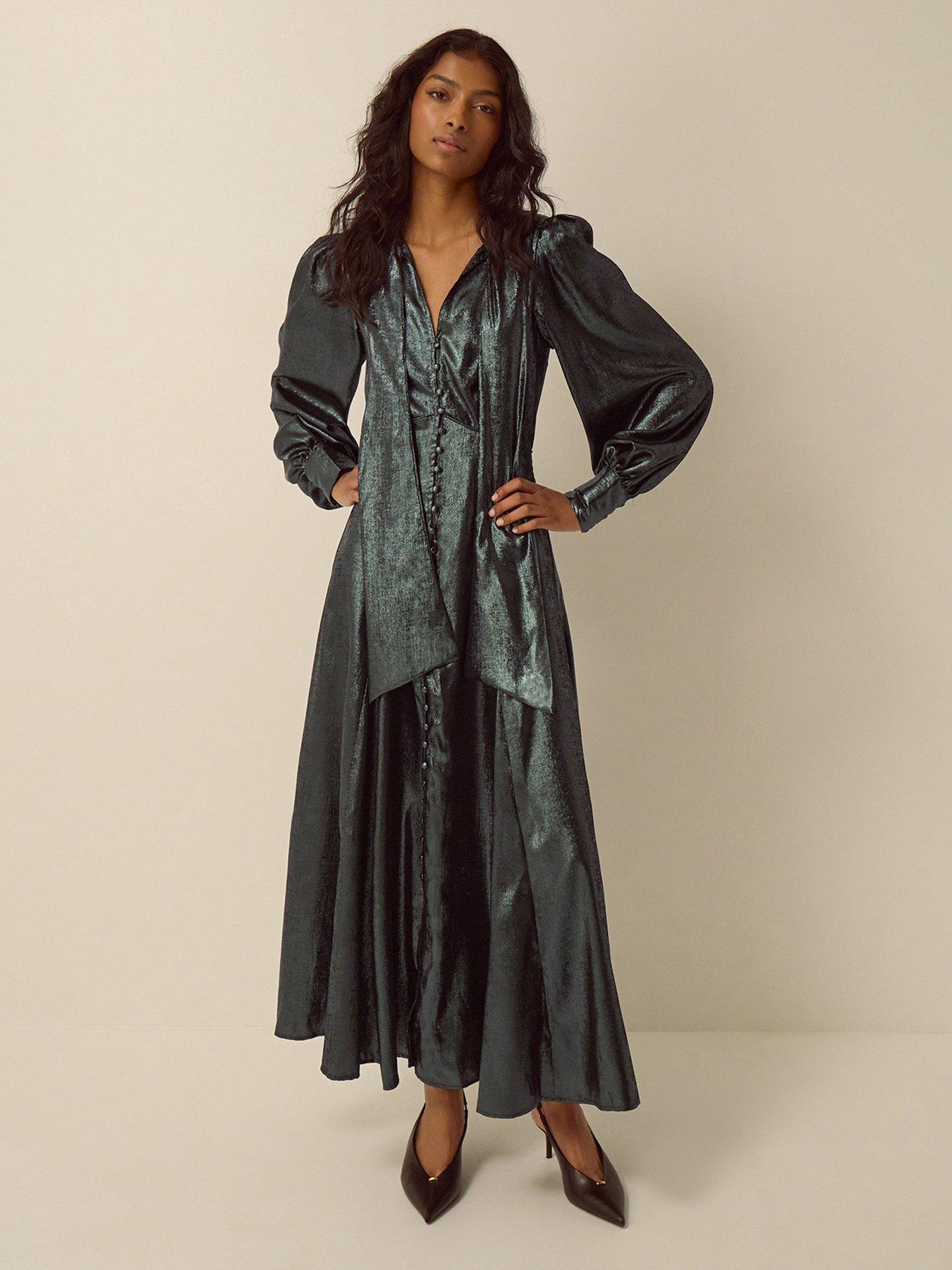 Image 4 of 6 of Monsoon Womens Madelyn Tie-Neck Metallic Midi Dress - Green