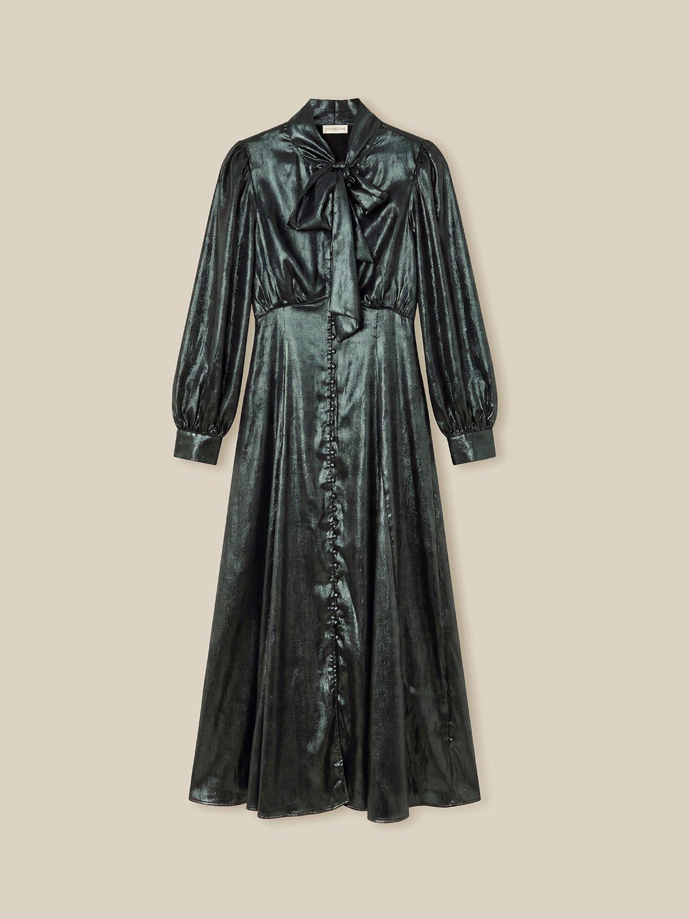 Image 6 of 6 of Monsoon Womens Madelyn Tie-Neck Metallic Midi Dress - Green