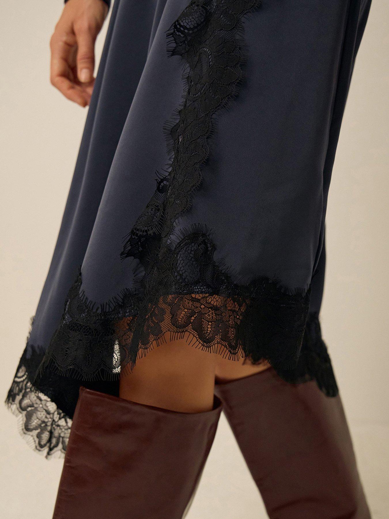 Image 4 of 4 of Monsoon Womens Satin Mix Lace Trim High Neck Dress - Blue