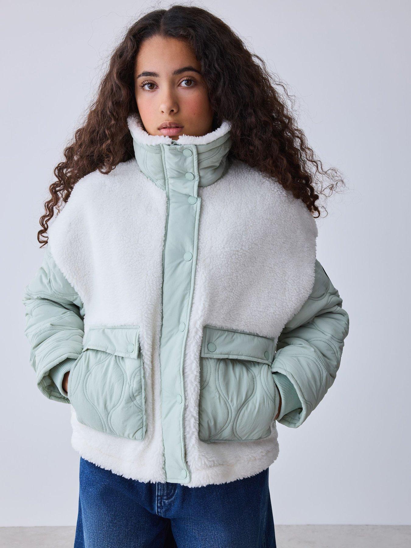 Image 1 of 5 of Ted Baker Girls Fleece Mix Quilted Popper Jacket - Cream