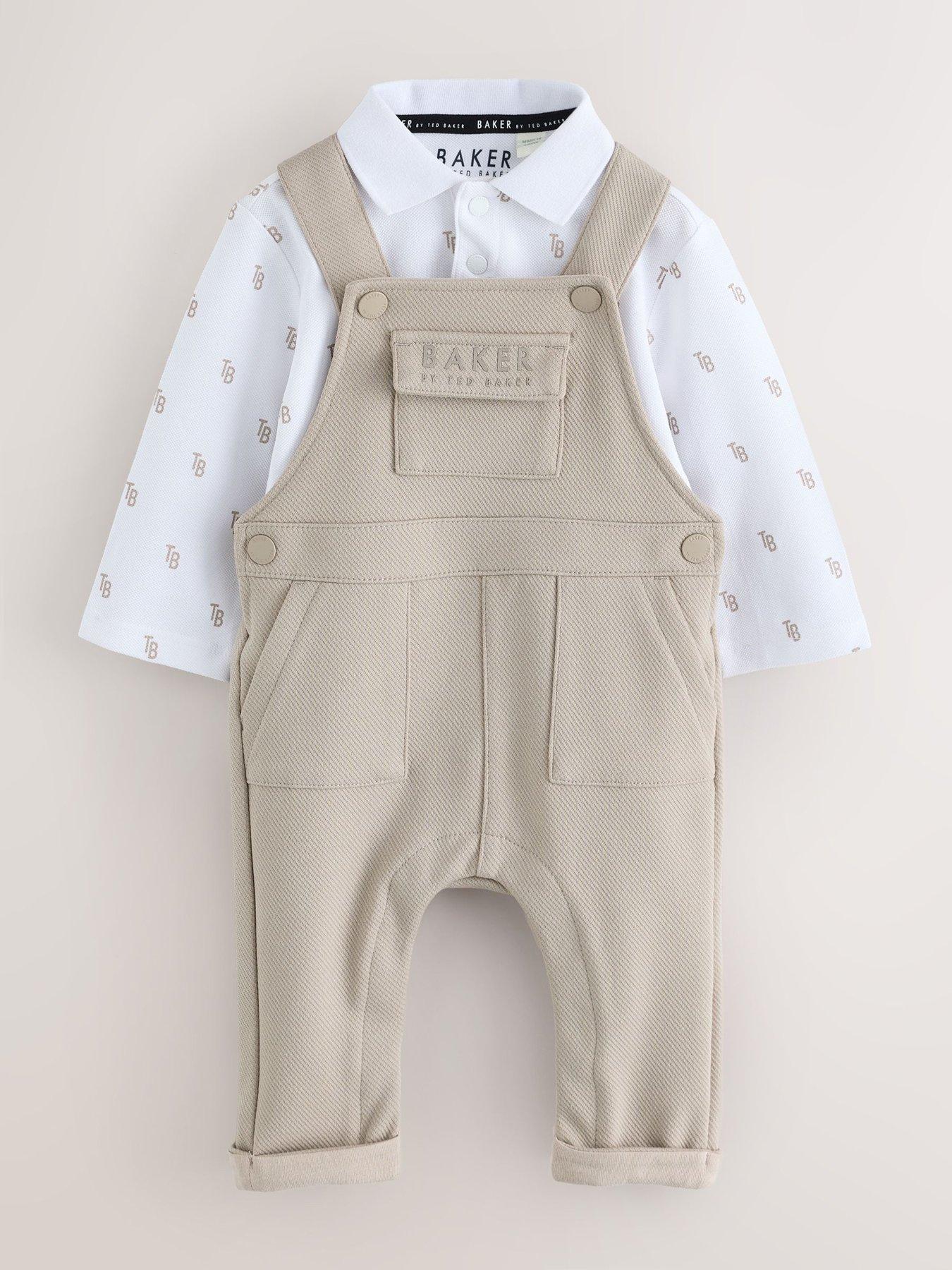 Ted Baker Baby Boys Textured Dungaree And All Over Print Polo Shirt Set - Stone