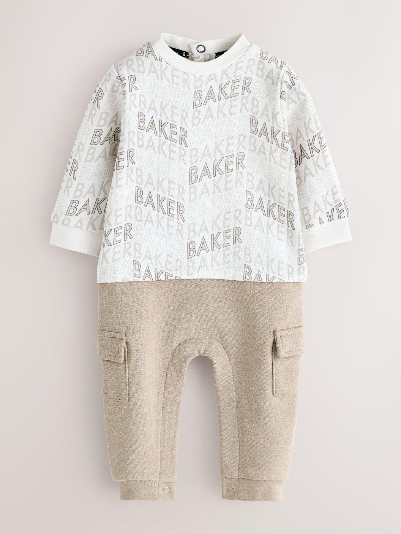 Image 1 of 5 of Ted Baker Baby Boys Letter Print Mockable Rompersuit - Beige