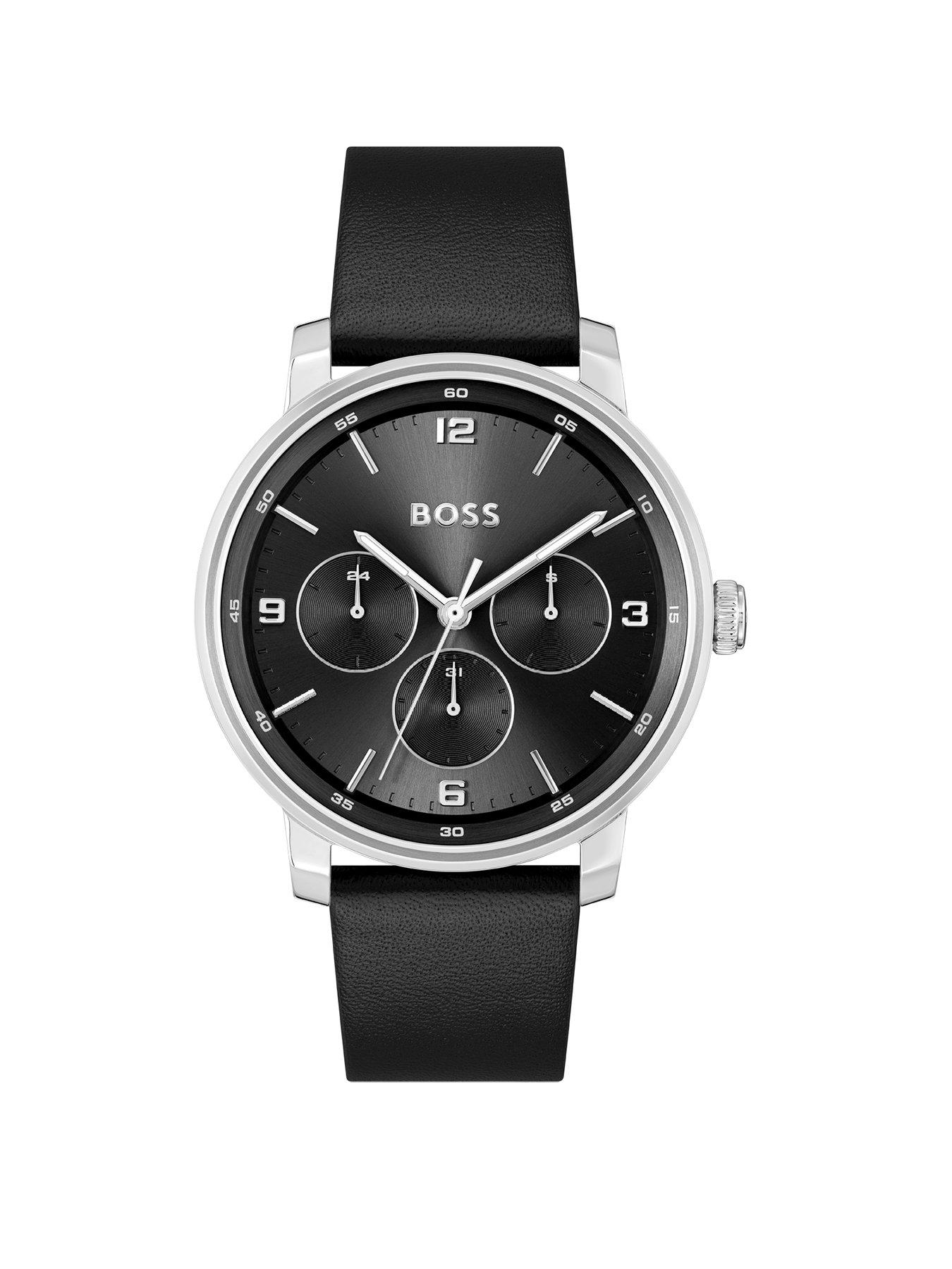 BOSS Watches Mens Contender 44mm Black Dial Black Leather Strap