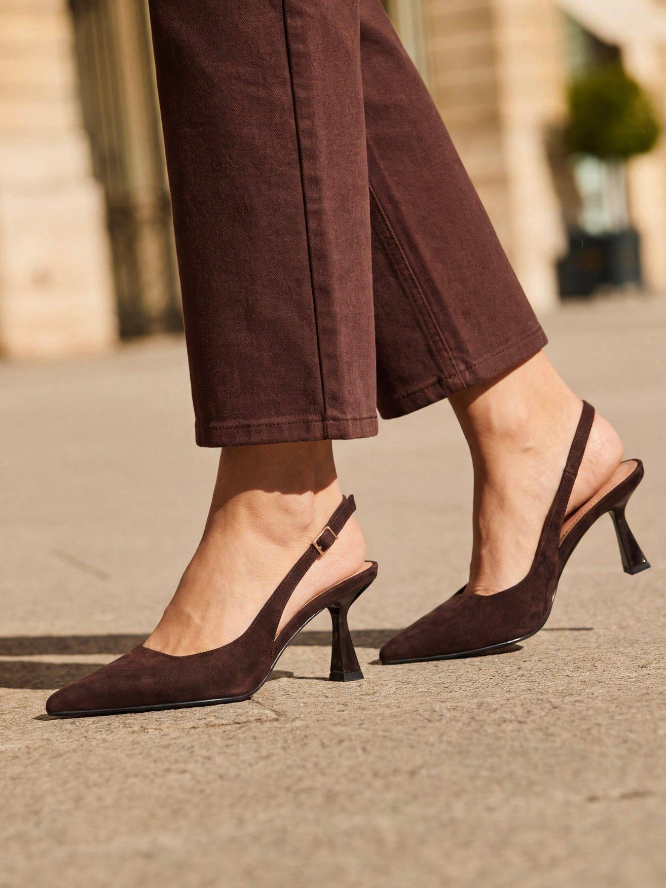 Image 1 of 6 of Sosandar Faux Suede Kitten Heel Slingback Court Shoes - Chocolate Brown