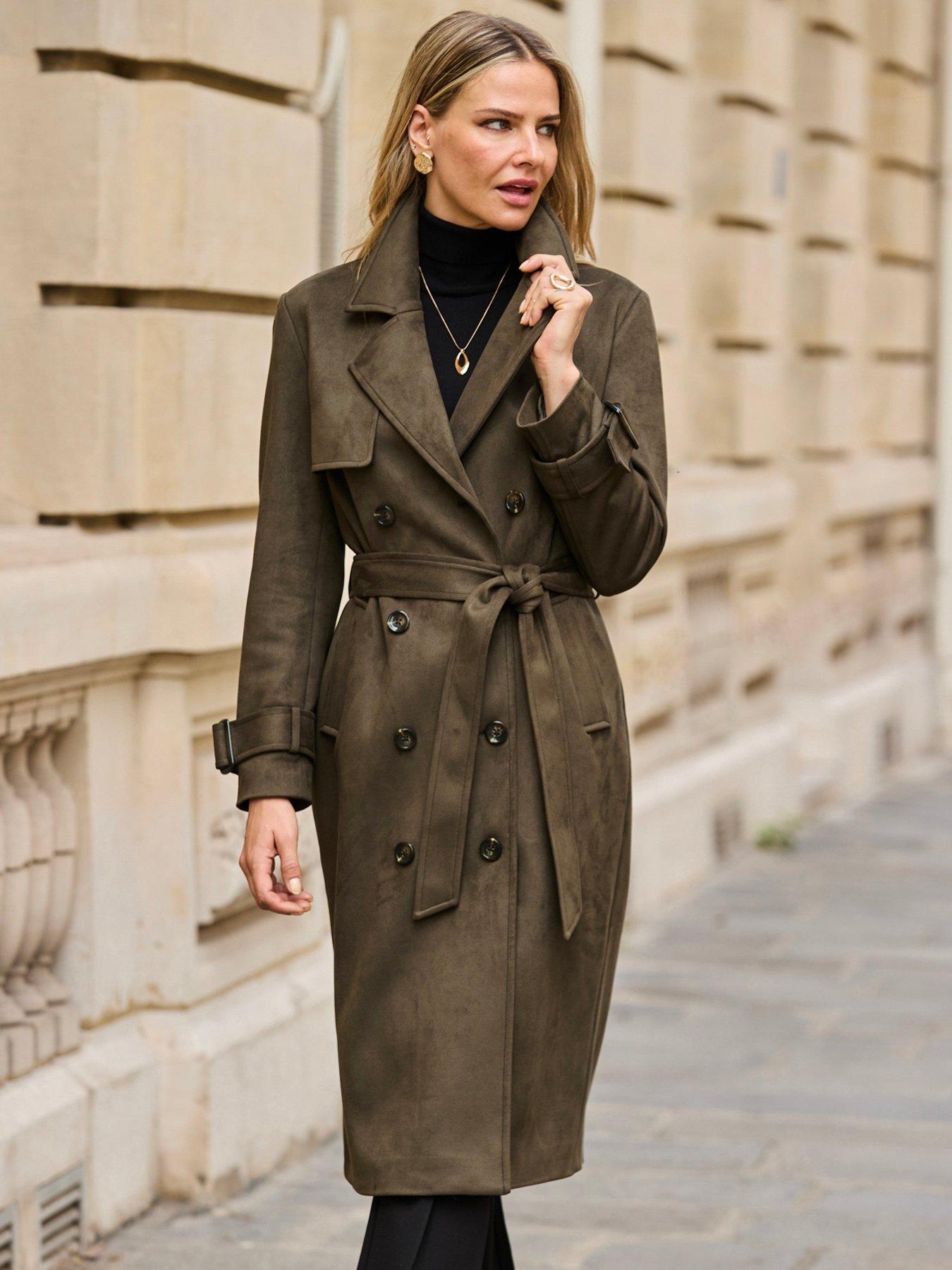 Sosandar Khaki Faux Suede Longline Trench Coat - Green