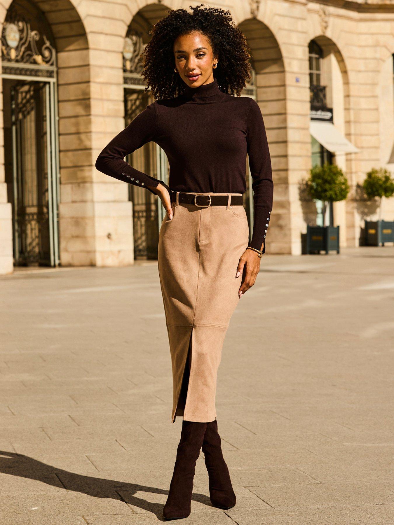 Sosandar Taupe Faux Suede Pencil Skirt - Brown