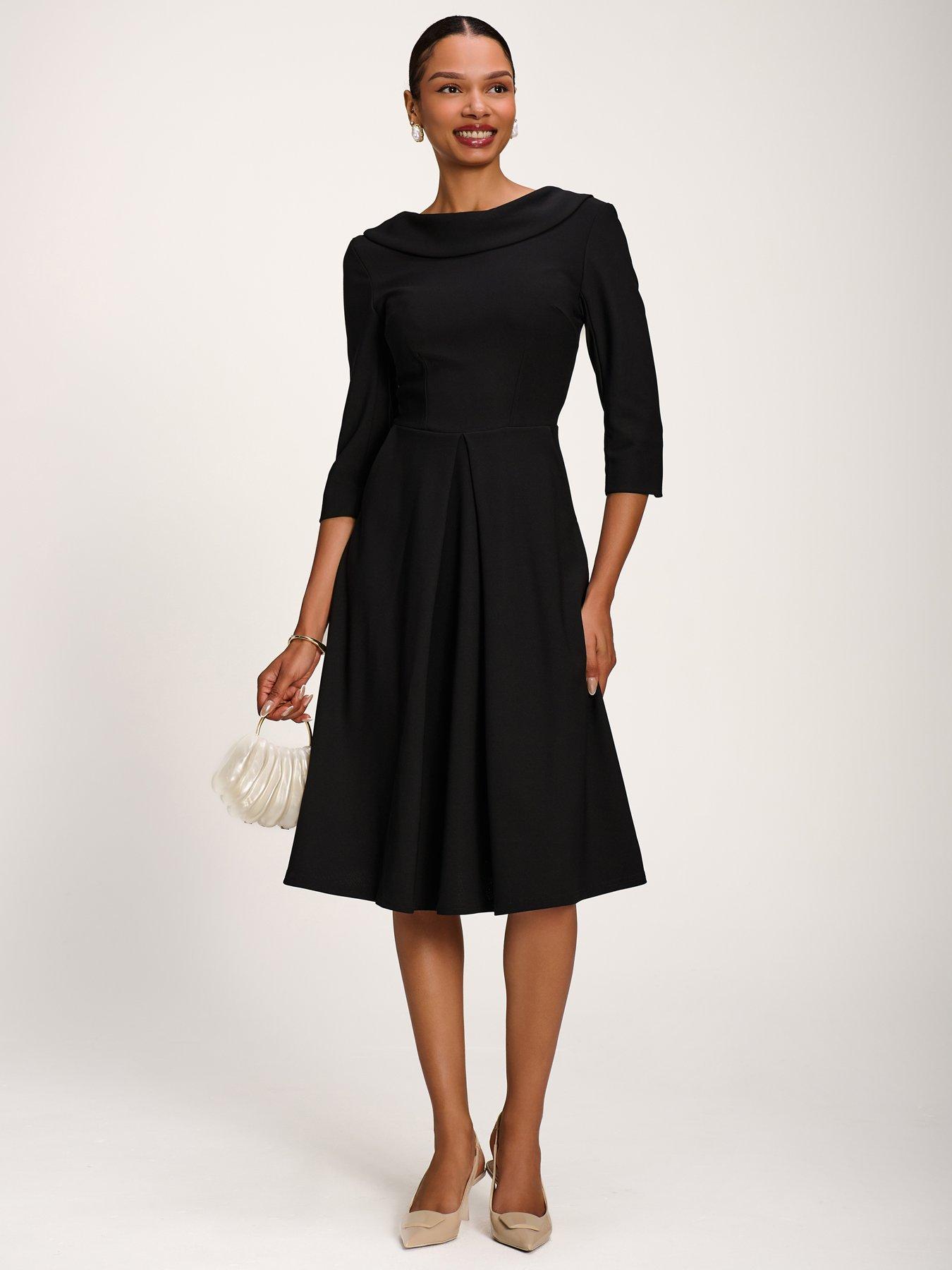 3 quarter length black dress Women's 3/4 Sleeve Dresses Color:Vintage Mauve special-occasion Black Floral Dress - back cuffs Banded waist