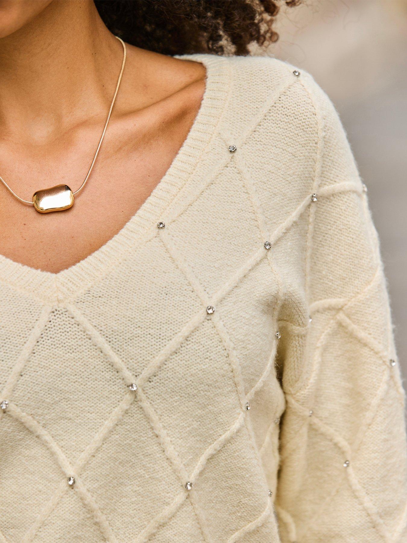 Image 4 of 6 of Sosandar Pointelle Knit Diamante Embellished Jumper - Yellow