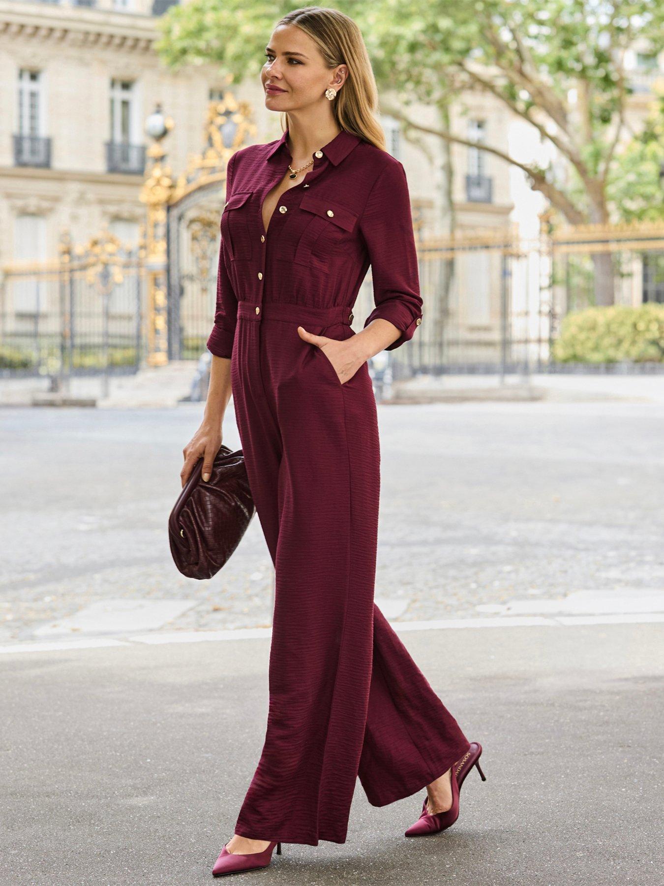 Sosandar Burgundy Button Front Jumpsuit - Red