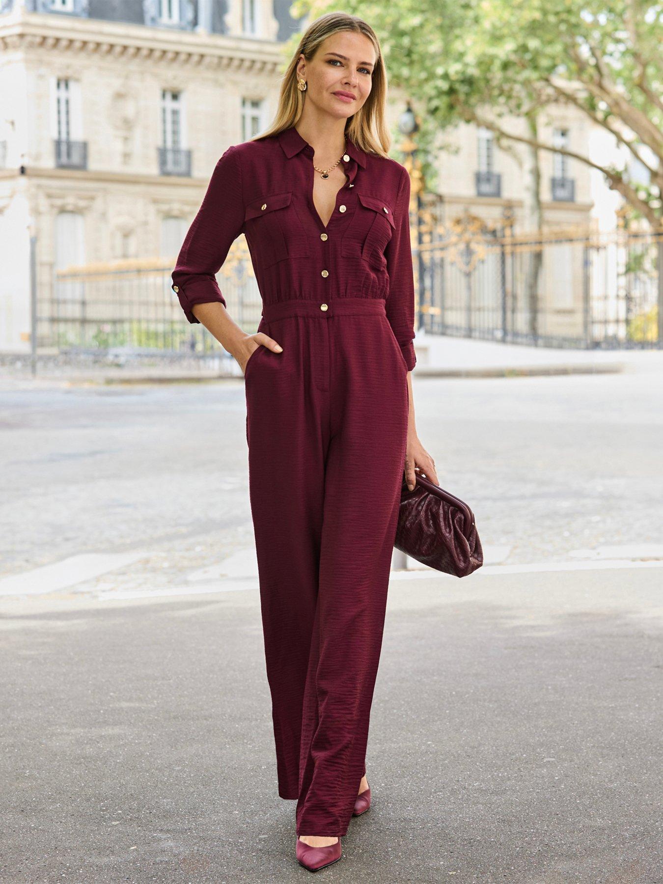 Image 3 of 6 of Sosandar Burgundy Button Front Jumpsuit - Red