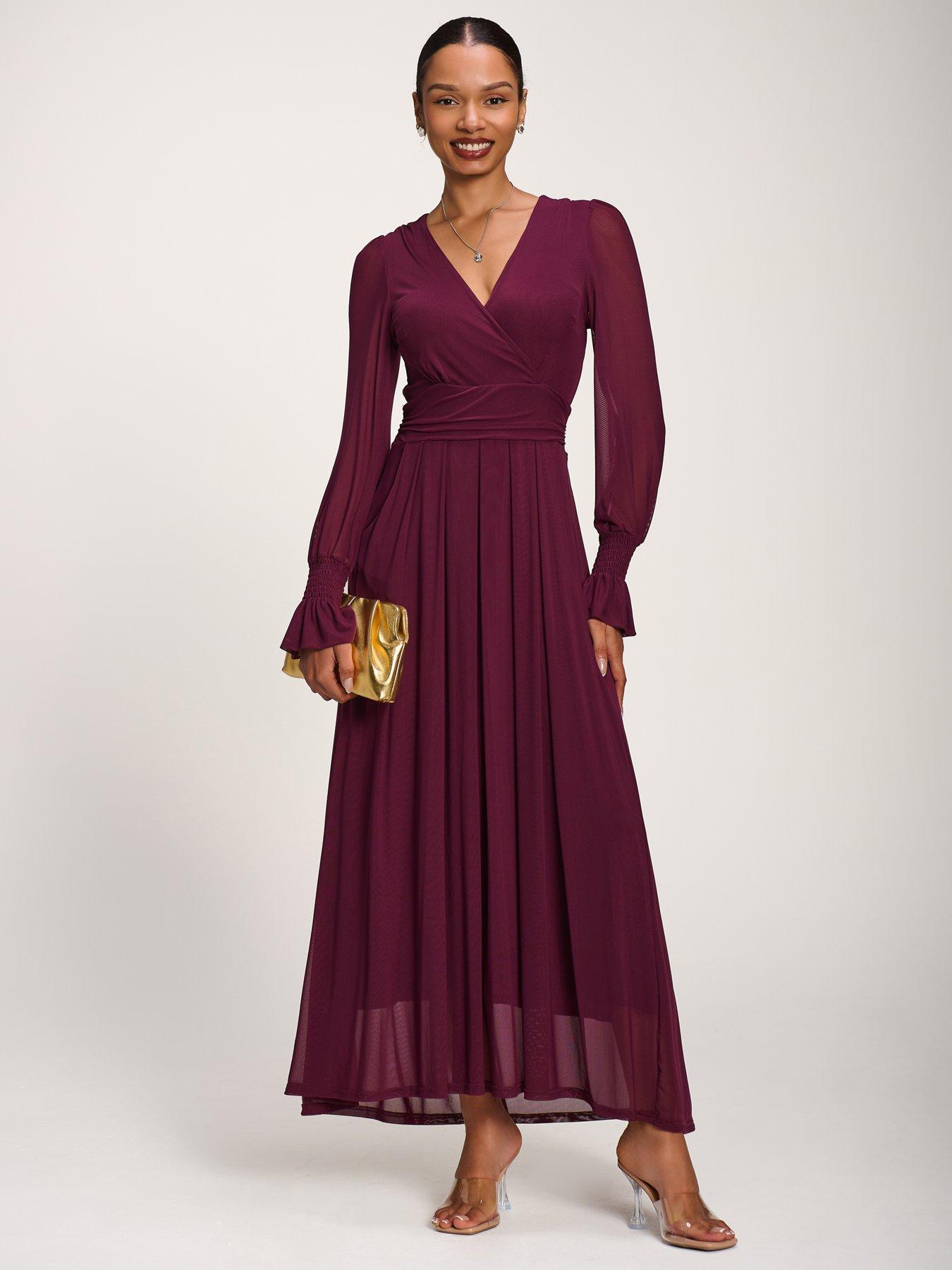 Jolie Moi Long Sleeve Mesh Maxi Dress - Purple