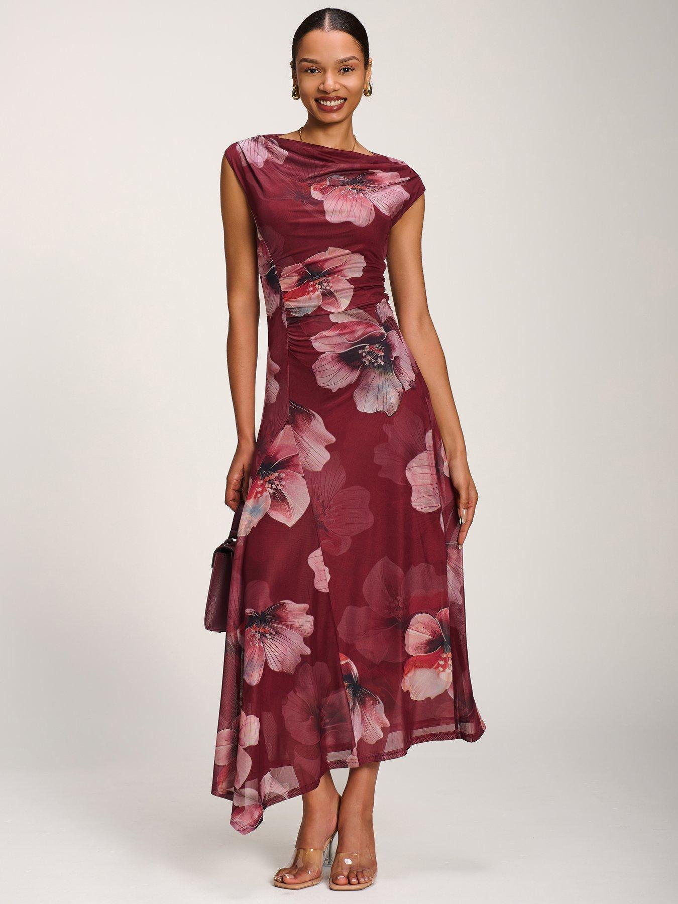 Image 1 of 7 of Jolie Moi Asymmetric Draped Mesh Maxi Dress - Red