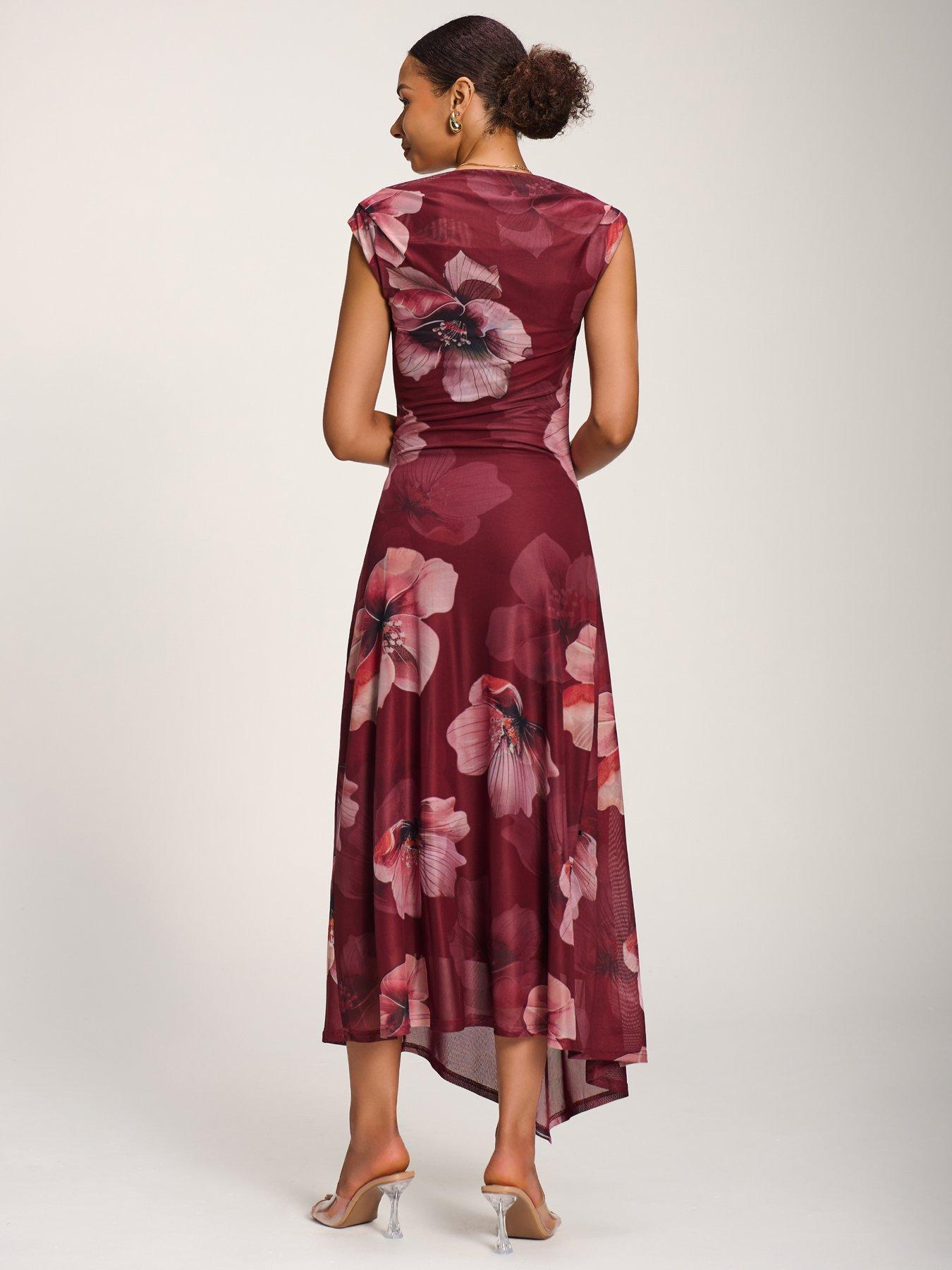 Image 2 of 7 of Jolie Moi Asymmetric Draped Mesh Maxi Dress - Red