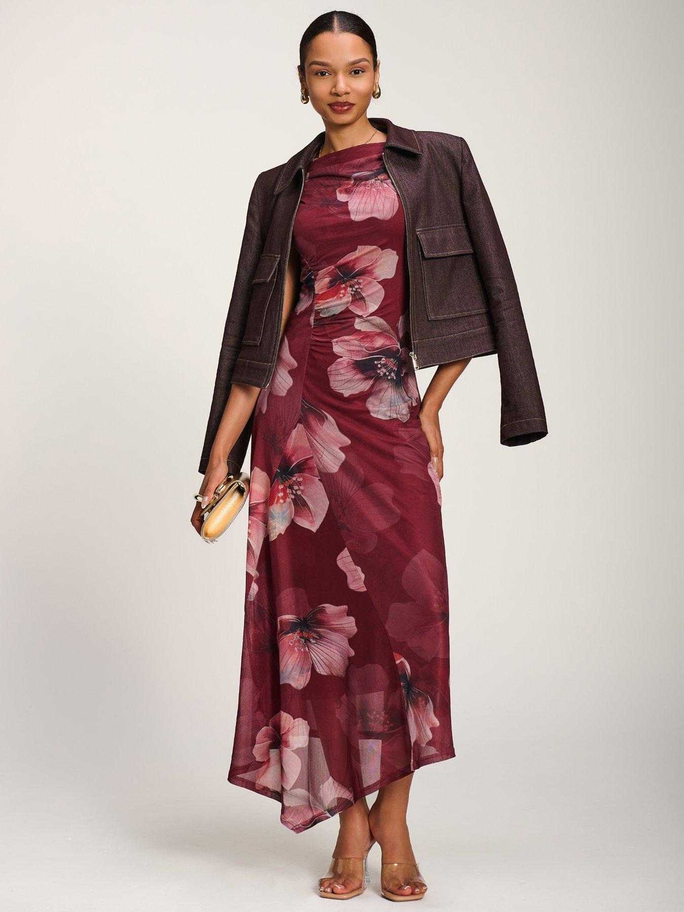 Image 3 of 7 of Jolie Moi Asymmetric Draped Mesh Maxi Dress - Red