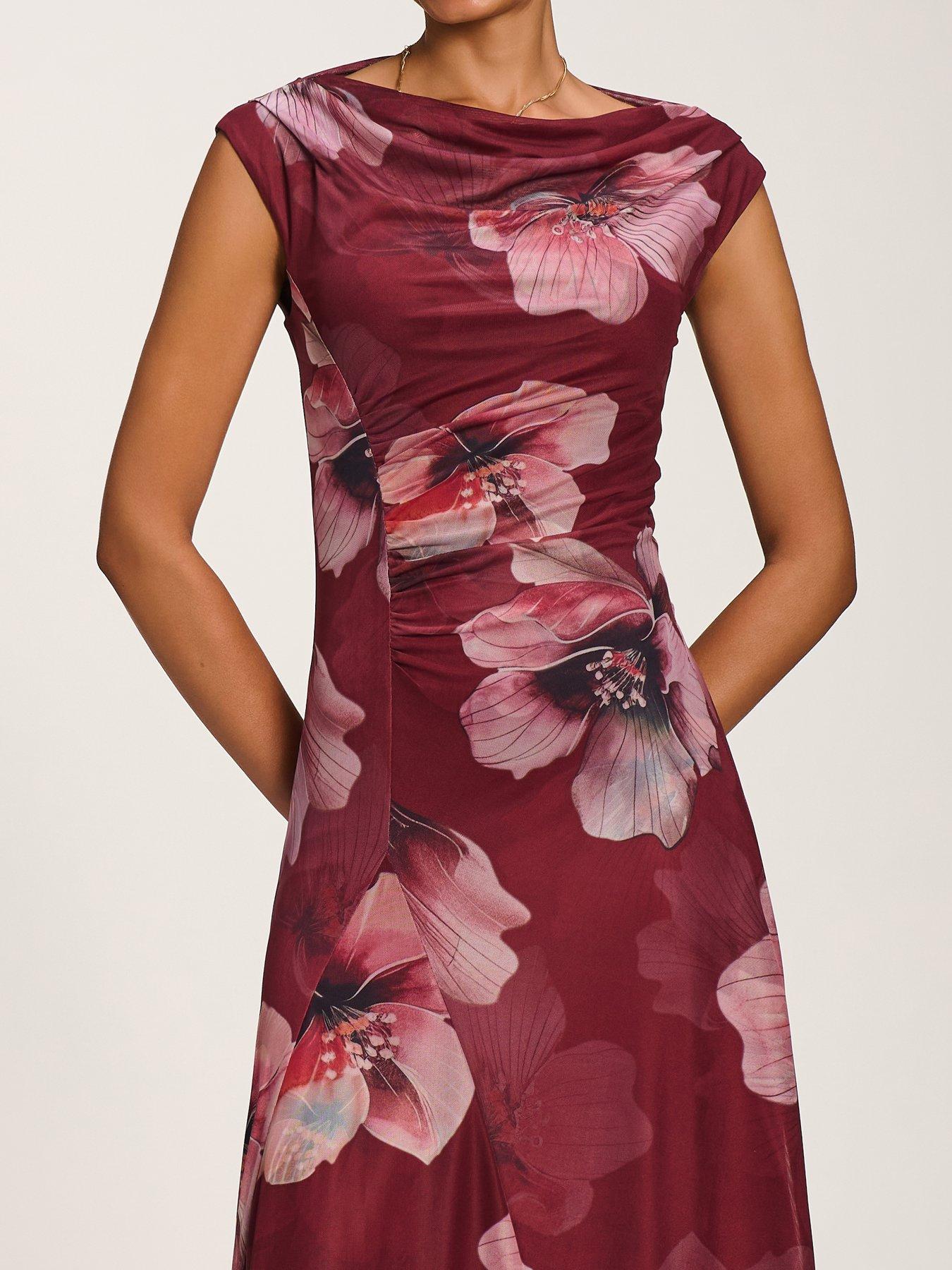 Image 4 of 7 of Jolie Moi Asymmetric Draped Mesh Maxi Dress - Red