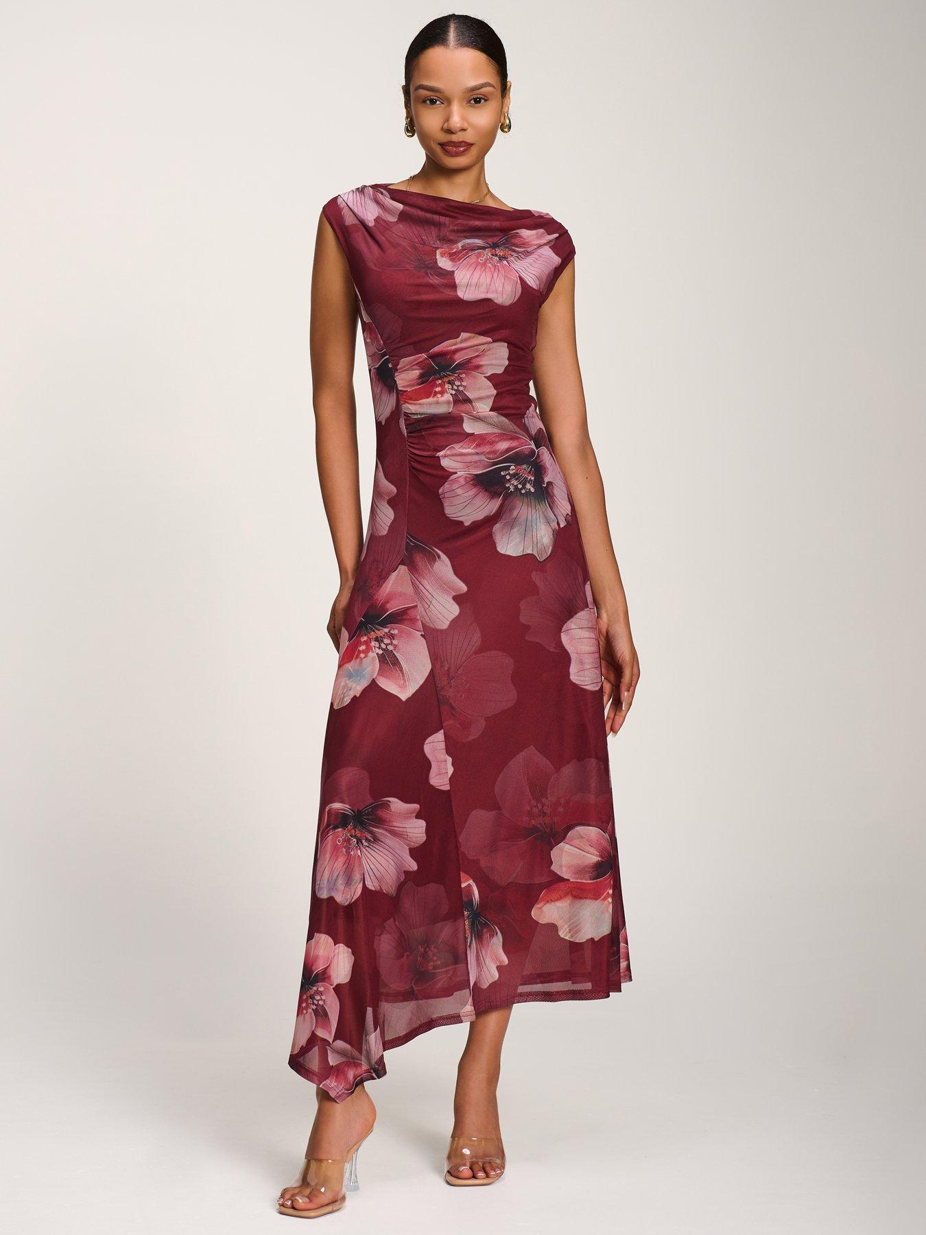 Image 5 of 7 of Jolie Moi Asymmetric Draped Mesh Maxi Dress - Red