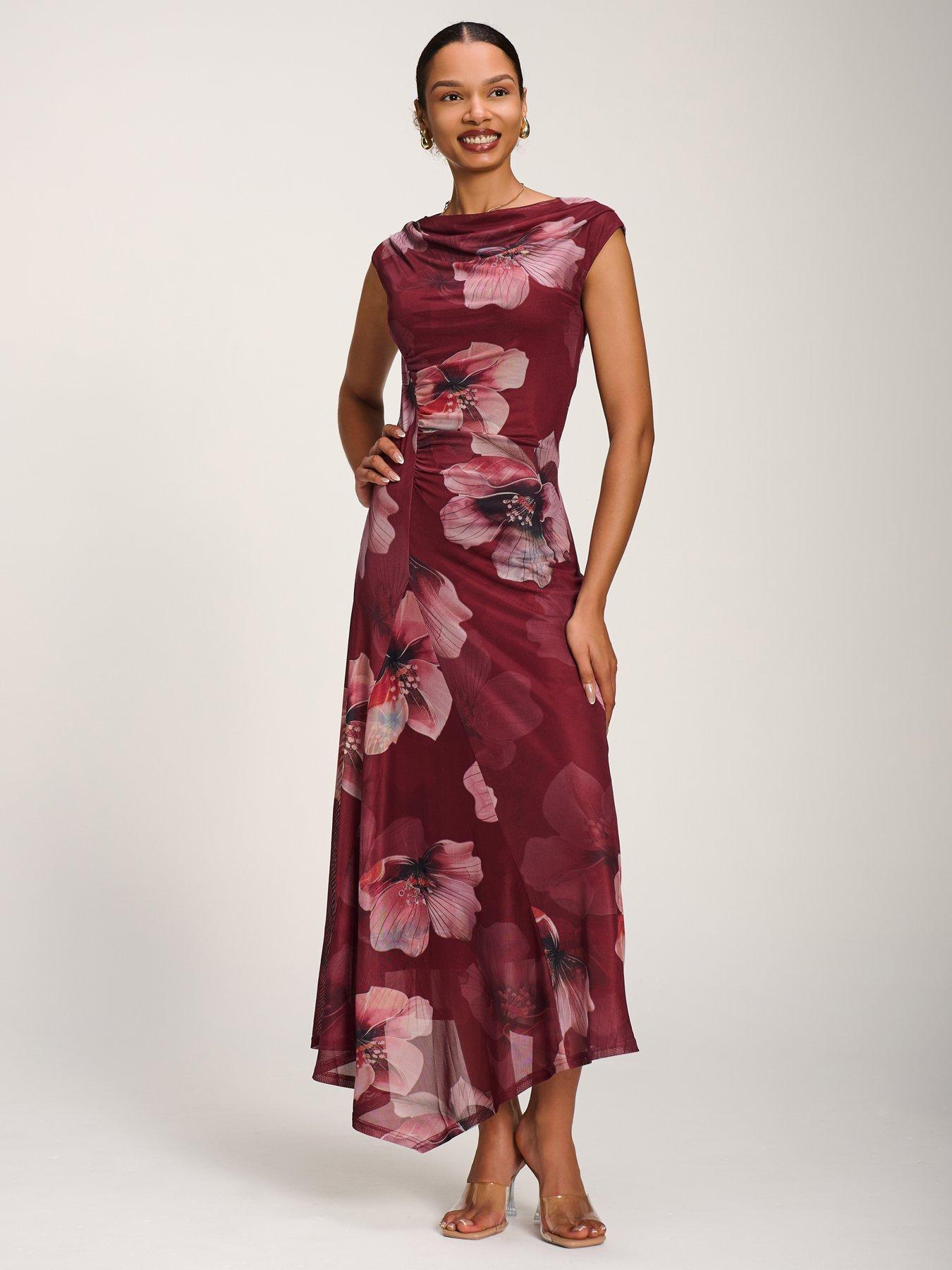 Image 6 of 7 of Jolie Moi Asymmetric Draped Mesh Maxi Dress - Red